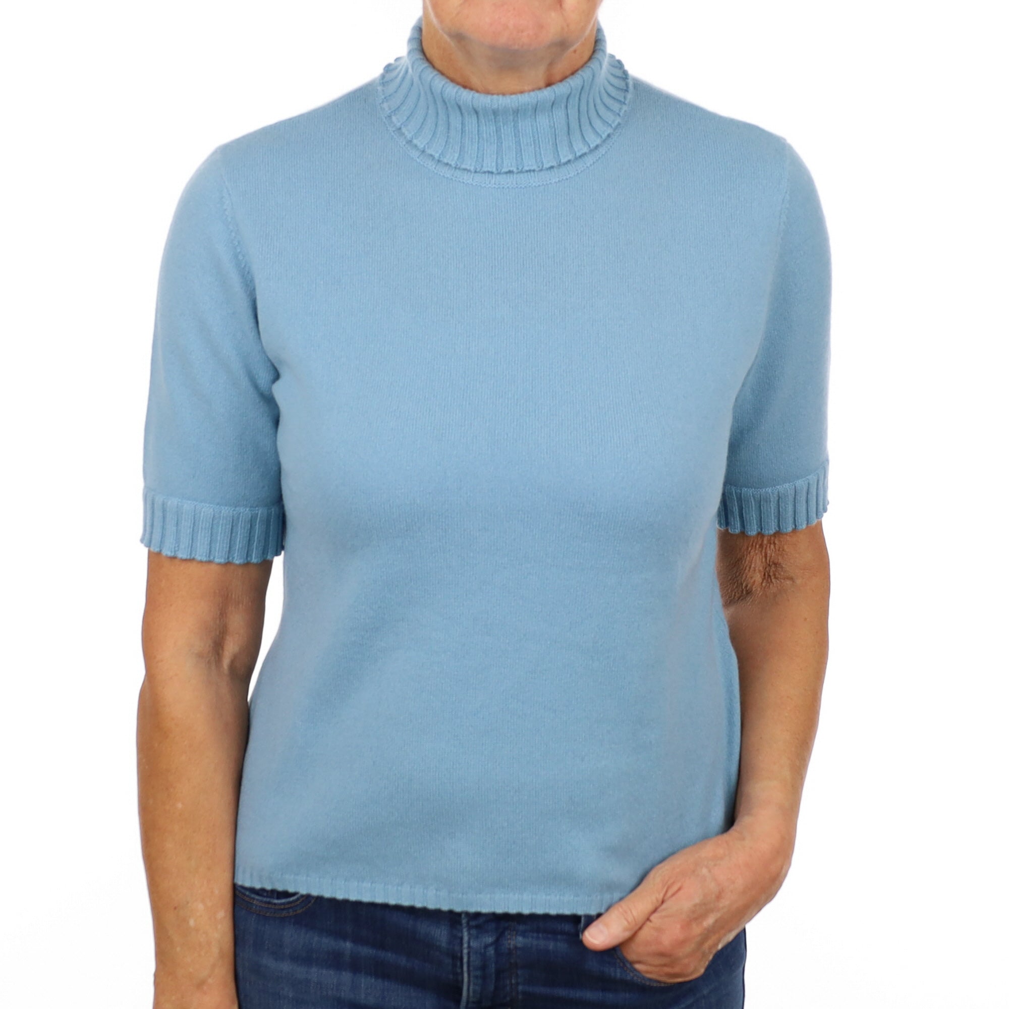 Opal Blue Cashmere Polo Neck Short Sleeved Jumper Medium