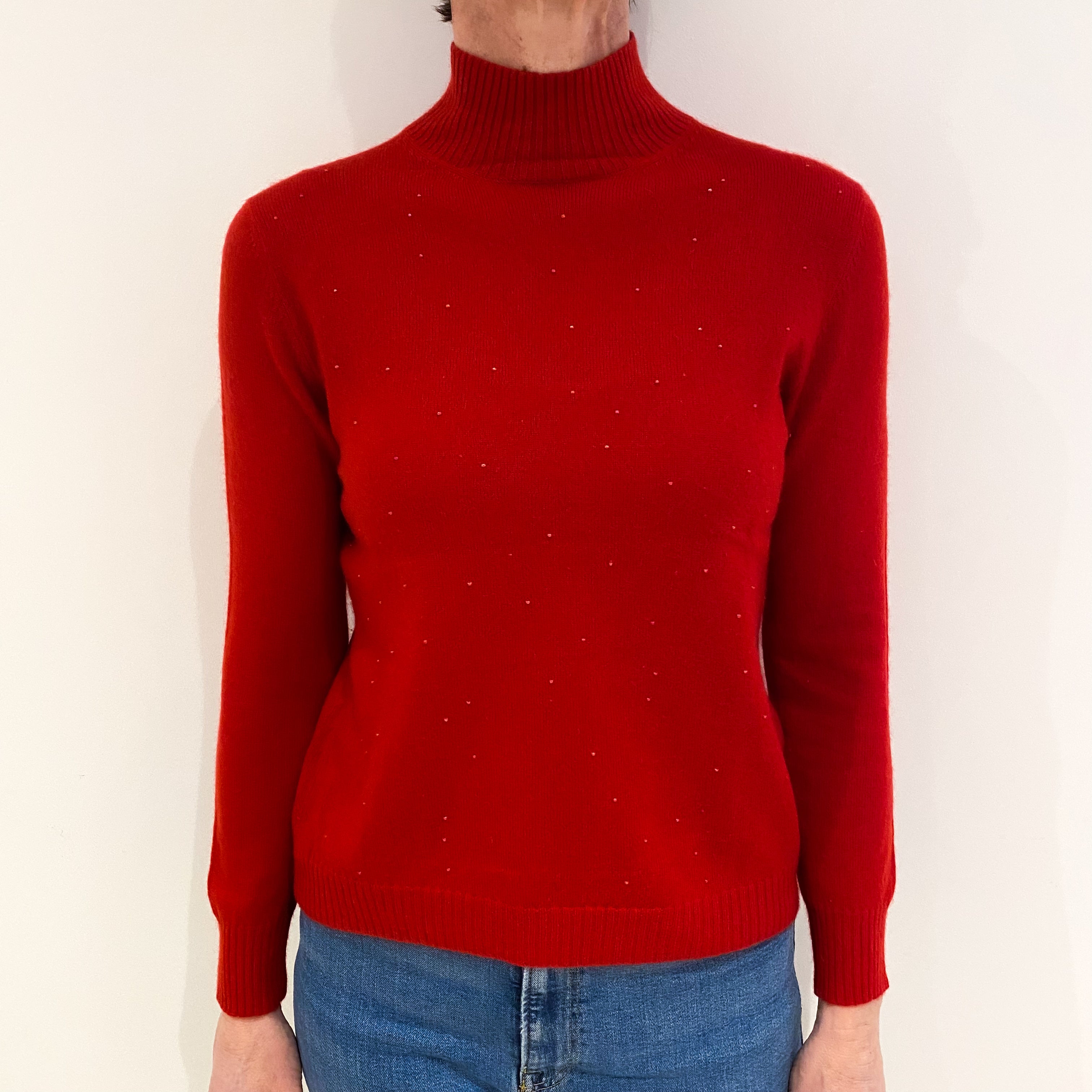 Scarlet Red Embellished Cashmere Turtle Neck Jumper Small