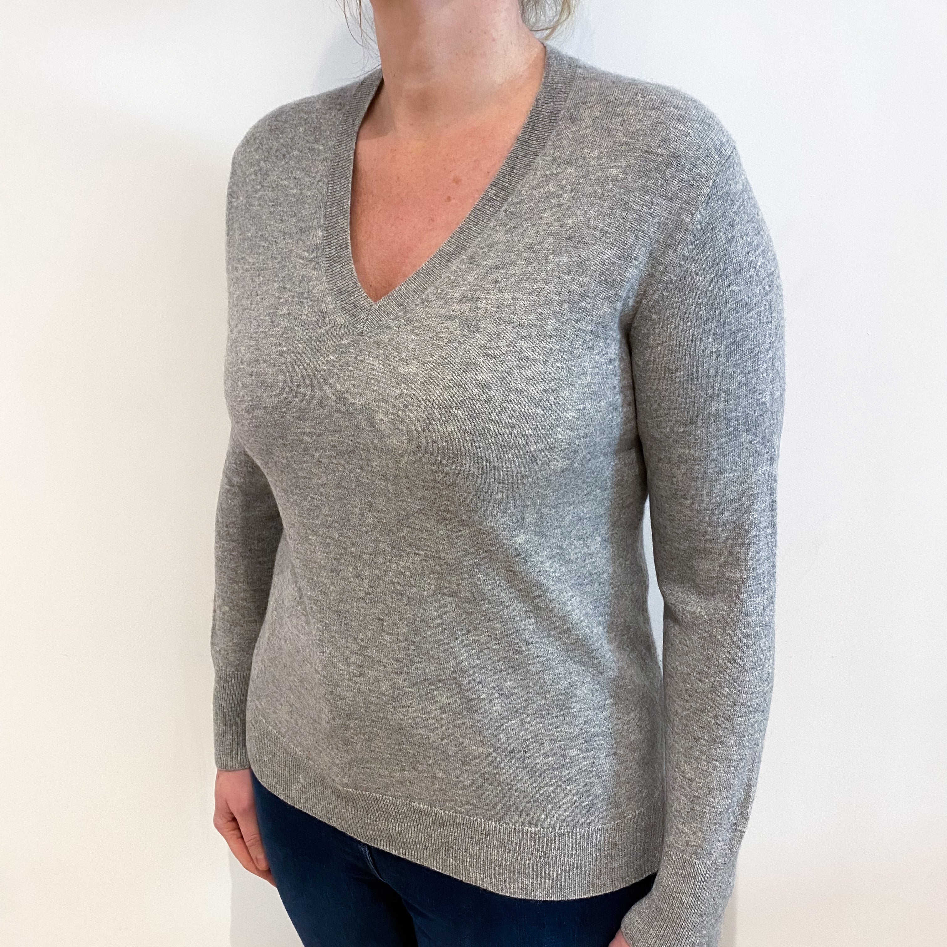 Smoke Grey Cashmere V Neck Jumper Large