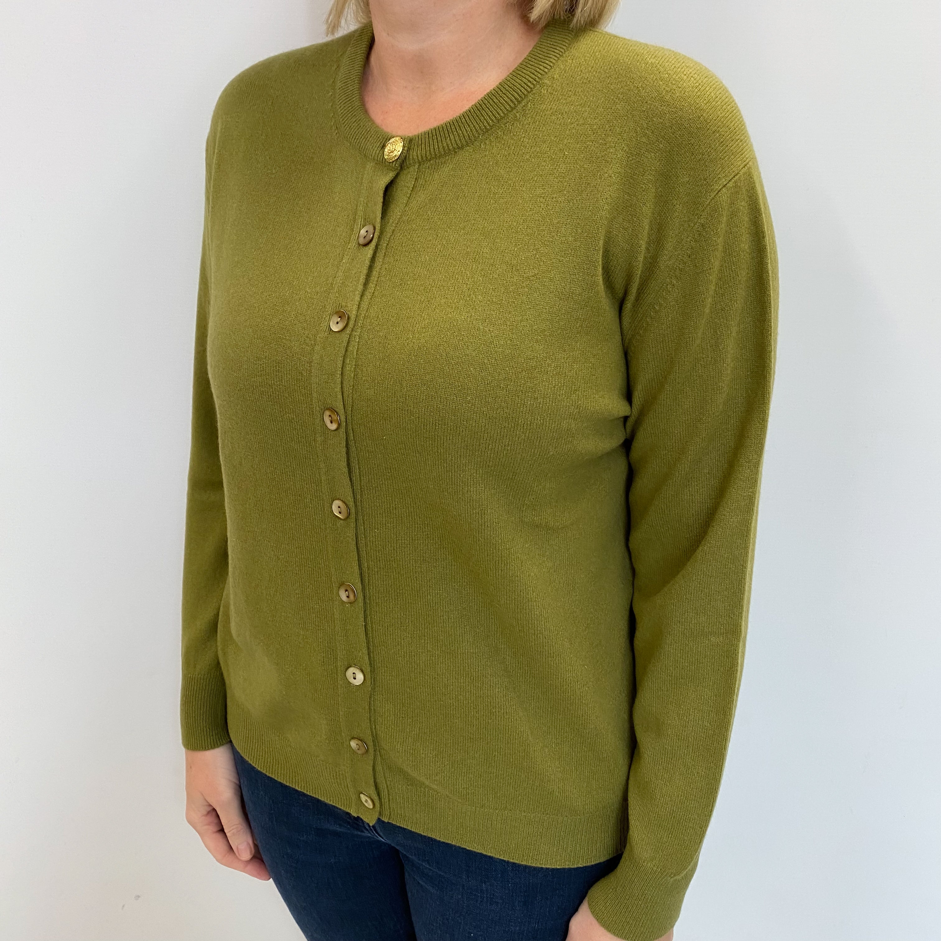 Olive Green Cashmere Crew Neck Cardigan Large