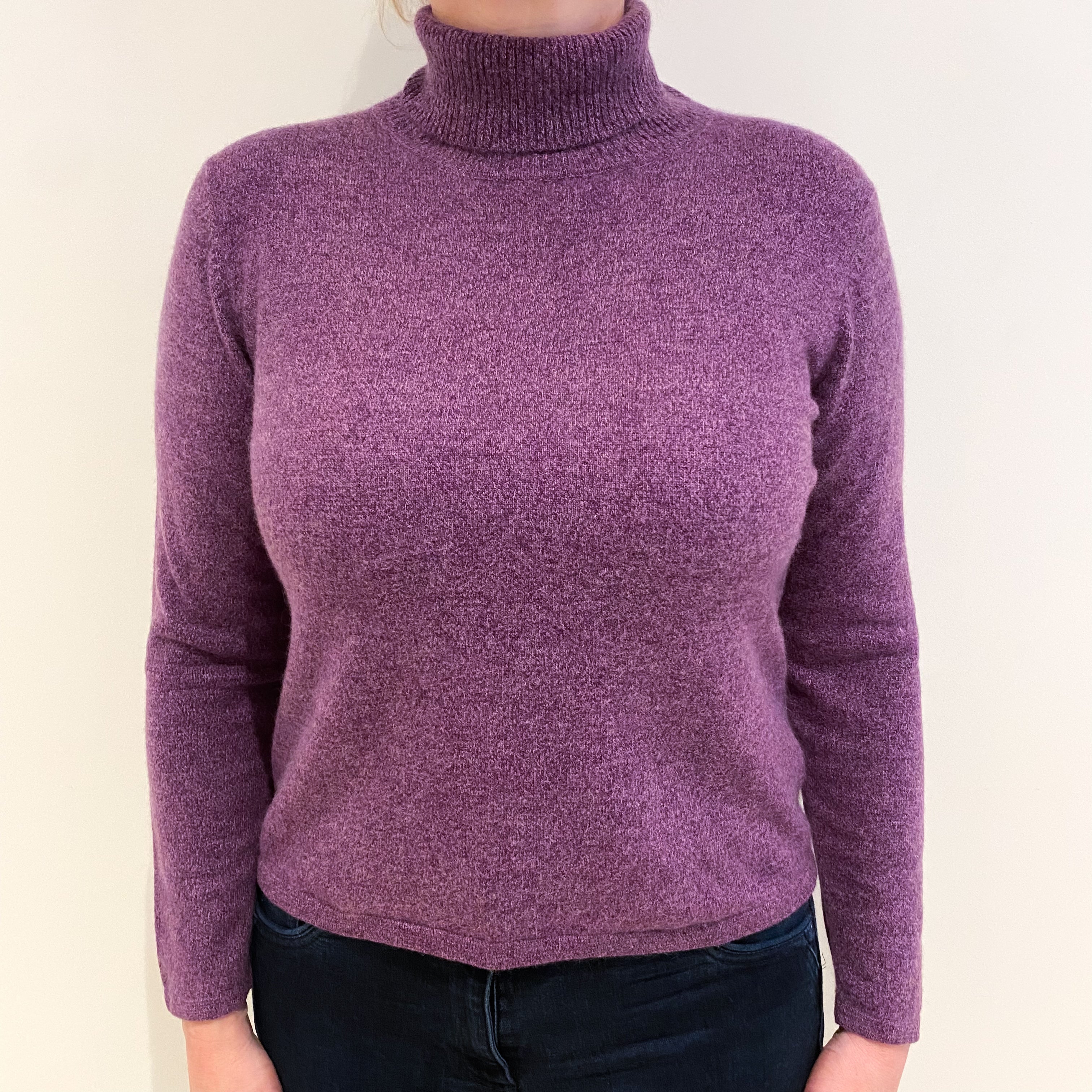 Plum Marl Cashmere Polo Neck Jumper Large