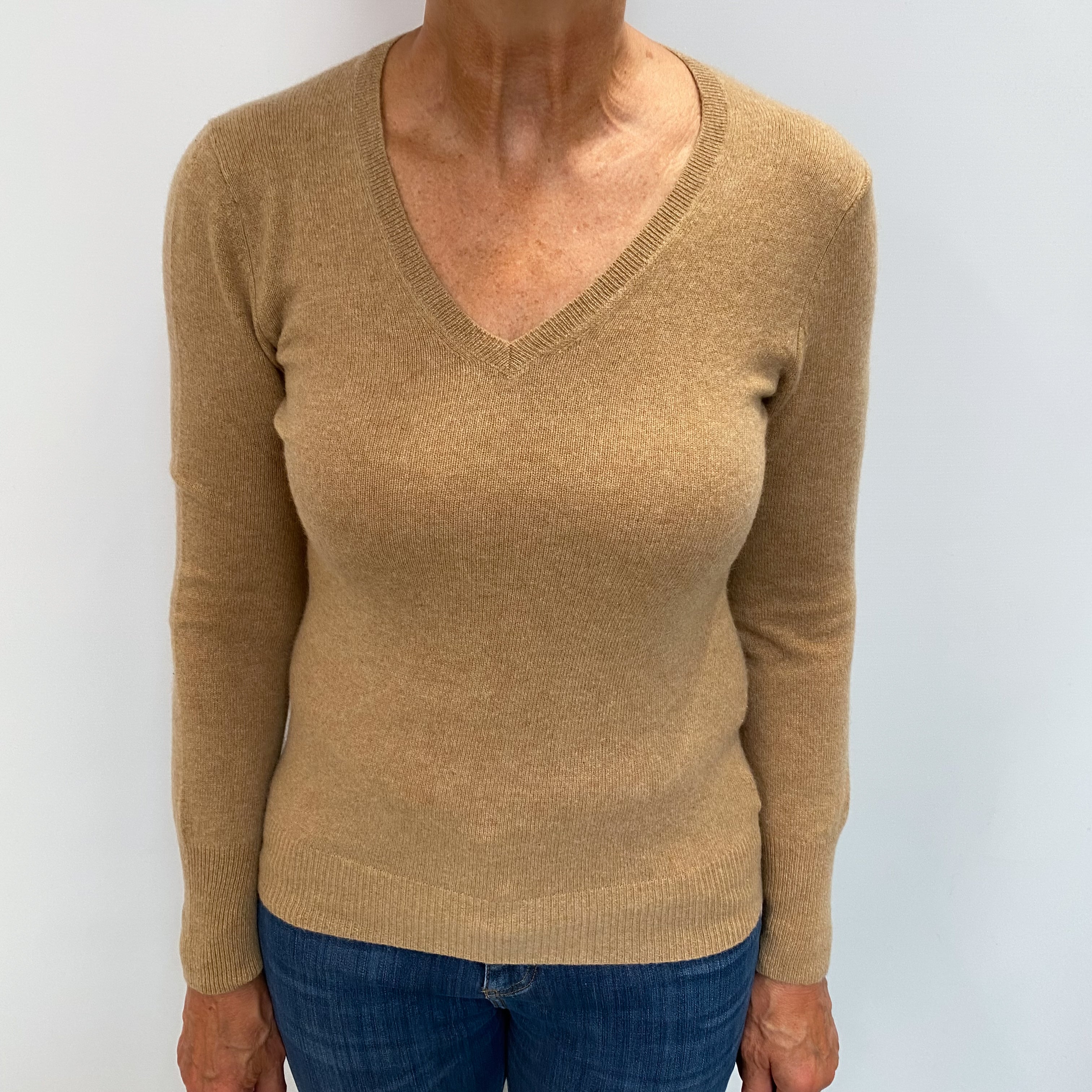 Fudge Brown Cashmere V Neck Jumper Medium
