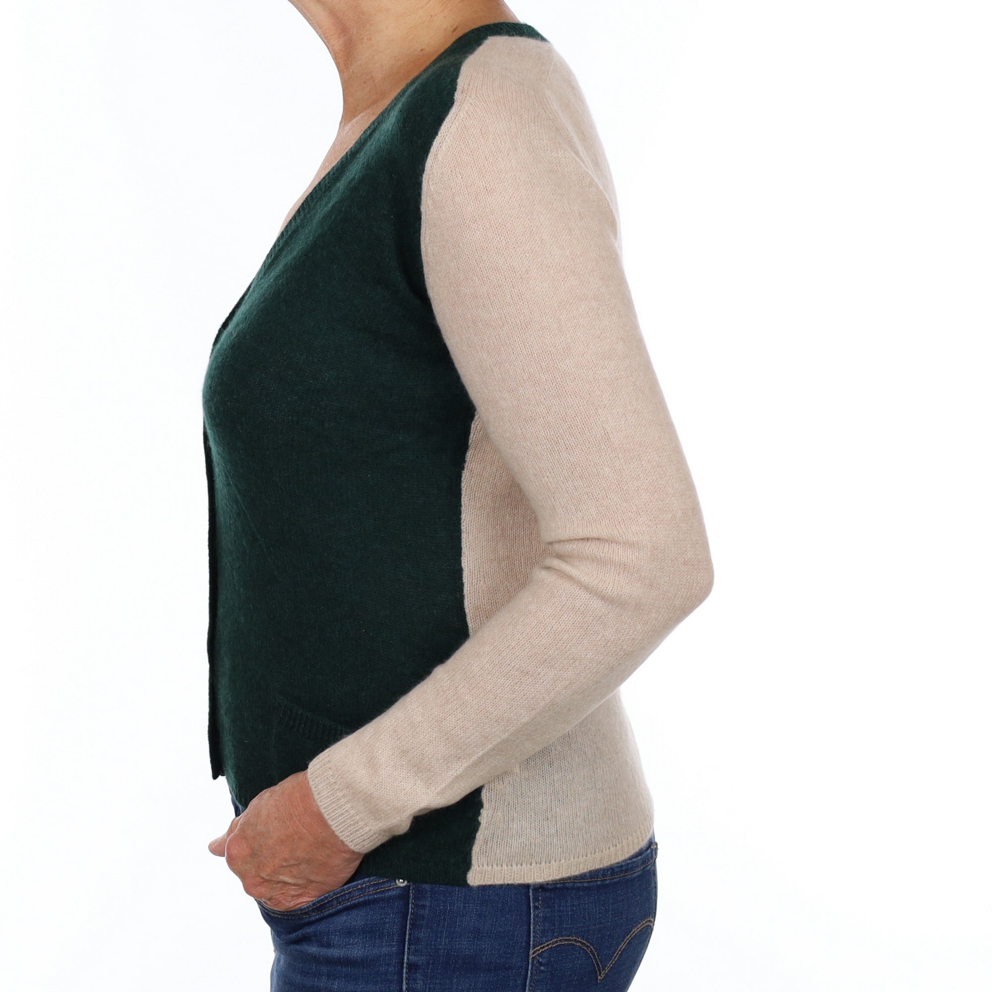 Bottle Green and Oatmeal Cashmere V Neck Cardigan Medium