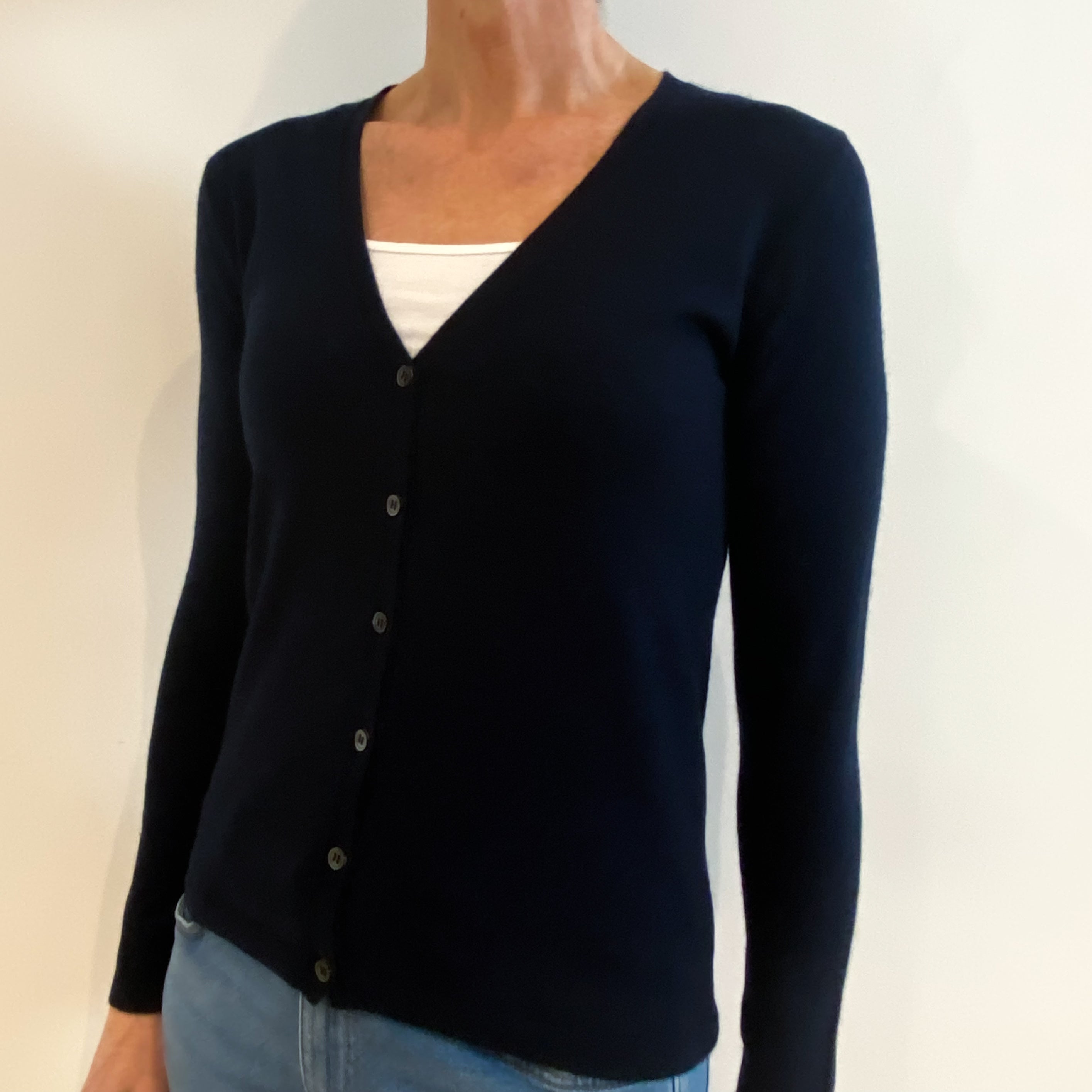Navy Blue Cashmere V Neck Cardigan Small