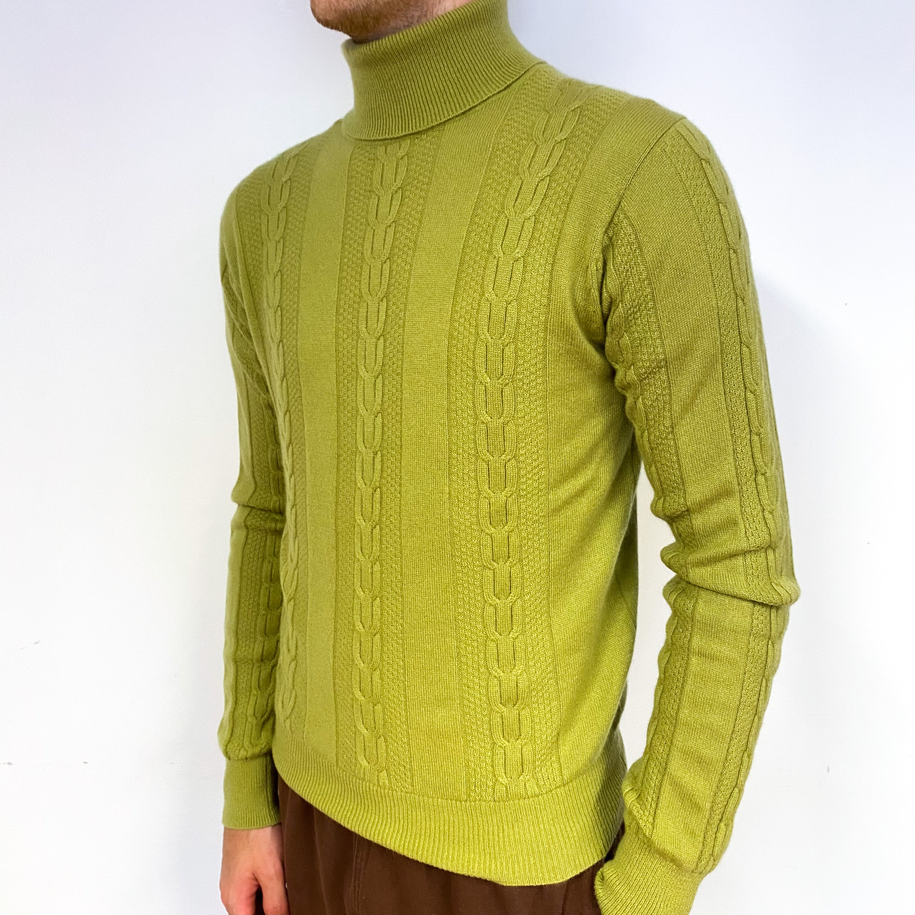 Men's Moss Green Cable Cashmere Polo Neck Jumper Medium