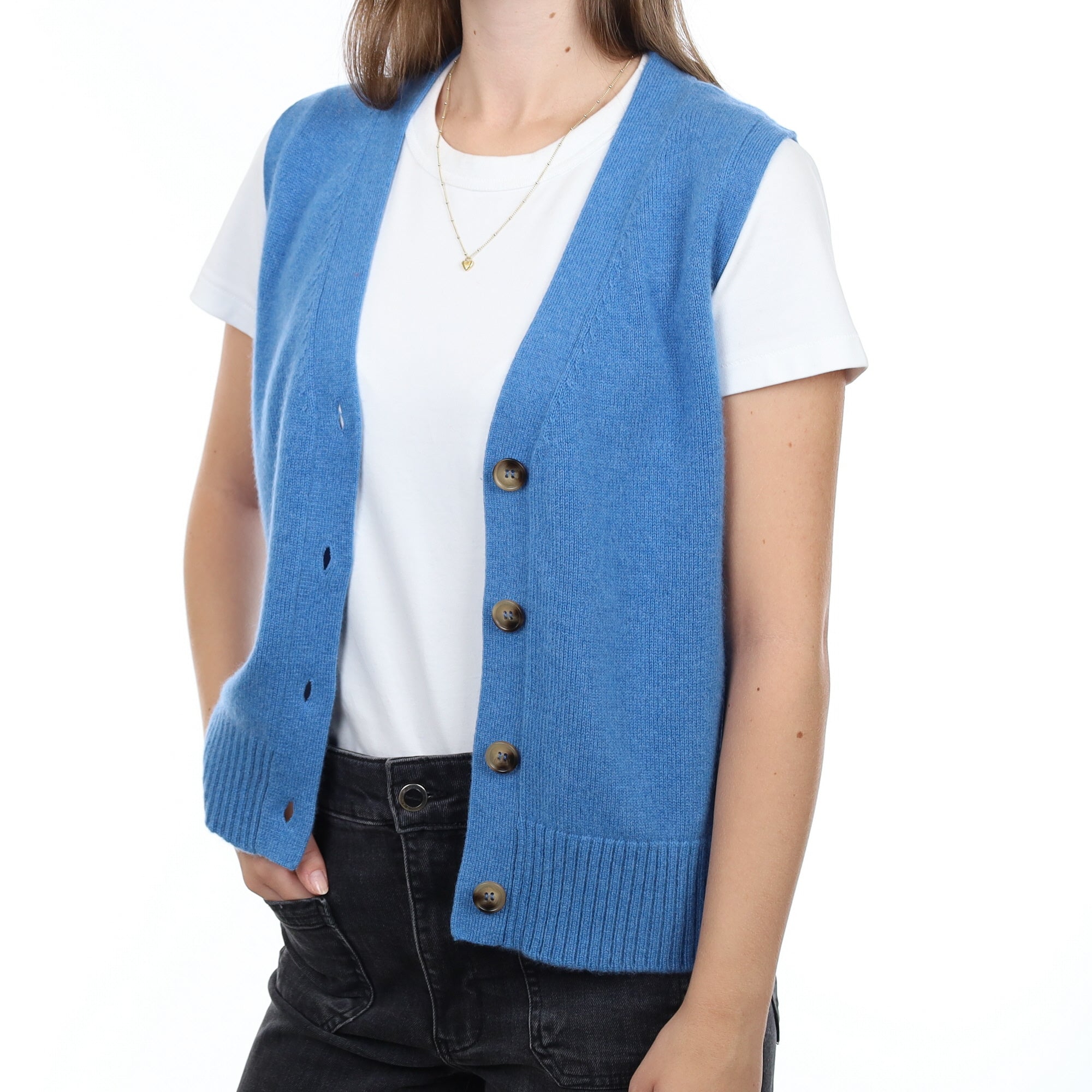 Brand New Mediterranean Blue Luxury Cashmere V Neck Waistcoat Extra Small UK 6-8
