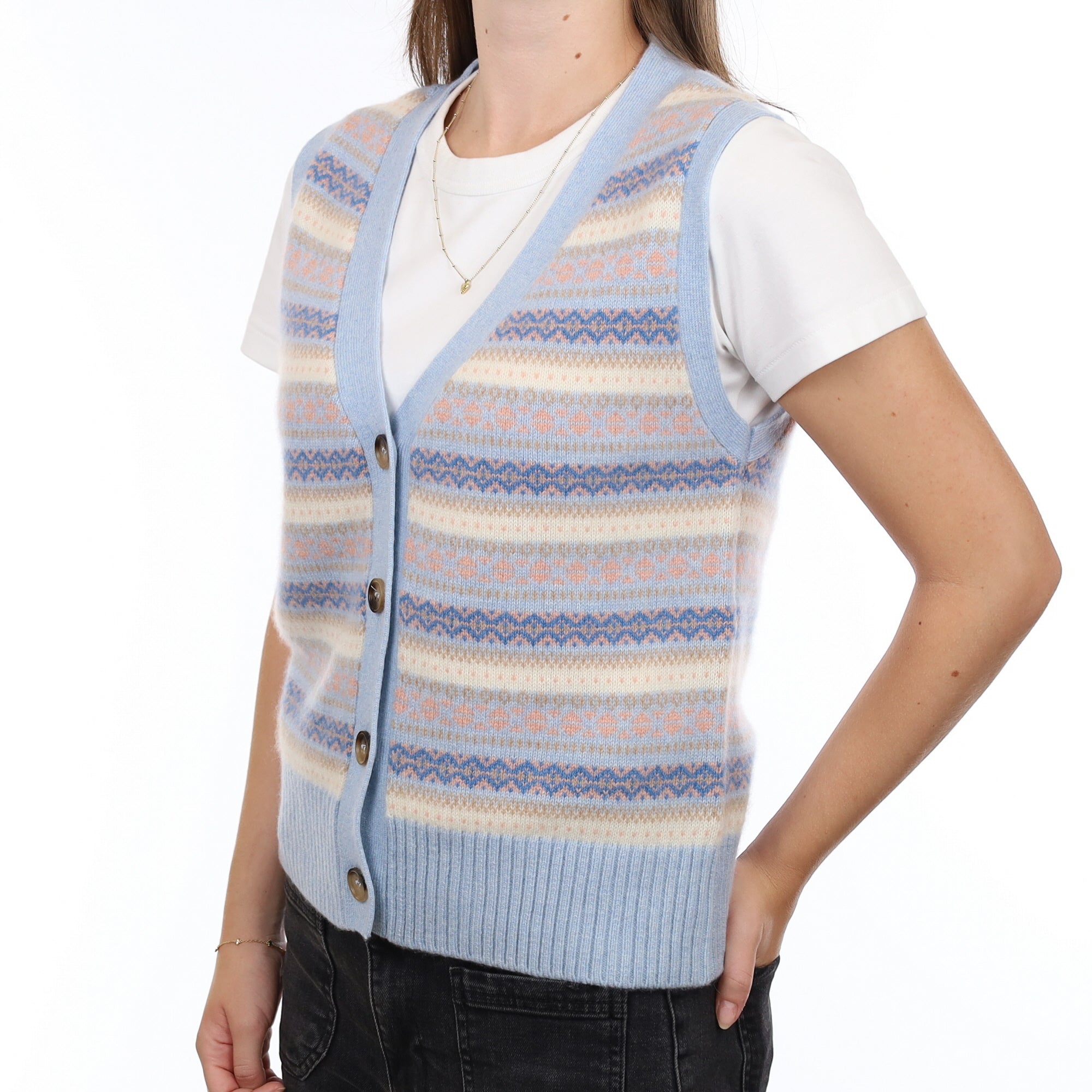 Brand New Baby Blue and Shell Pink  Fair Isle Luxury Cashmere V Neck Waistcoat Extra Small UK 6-8
