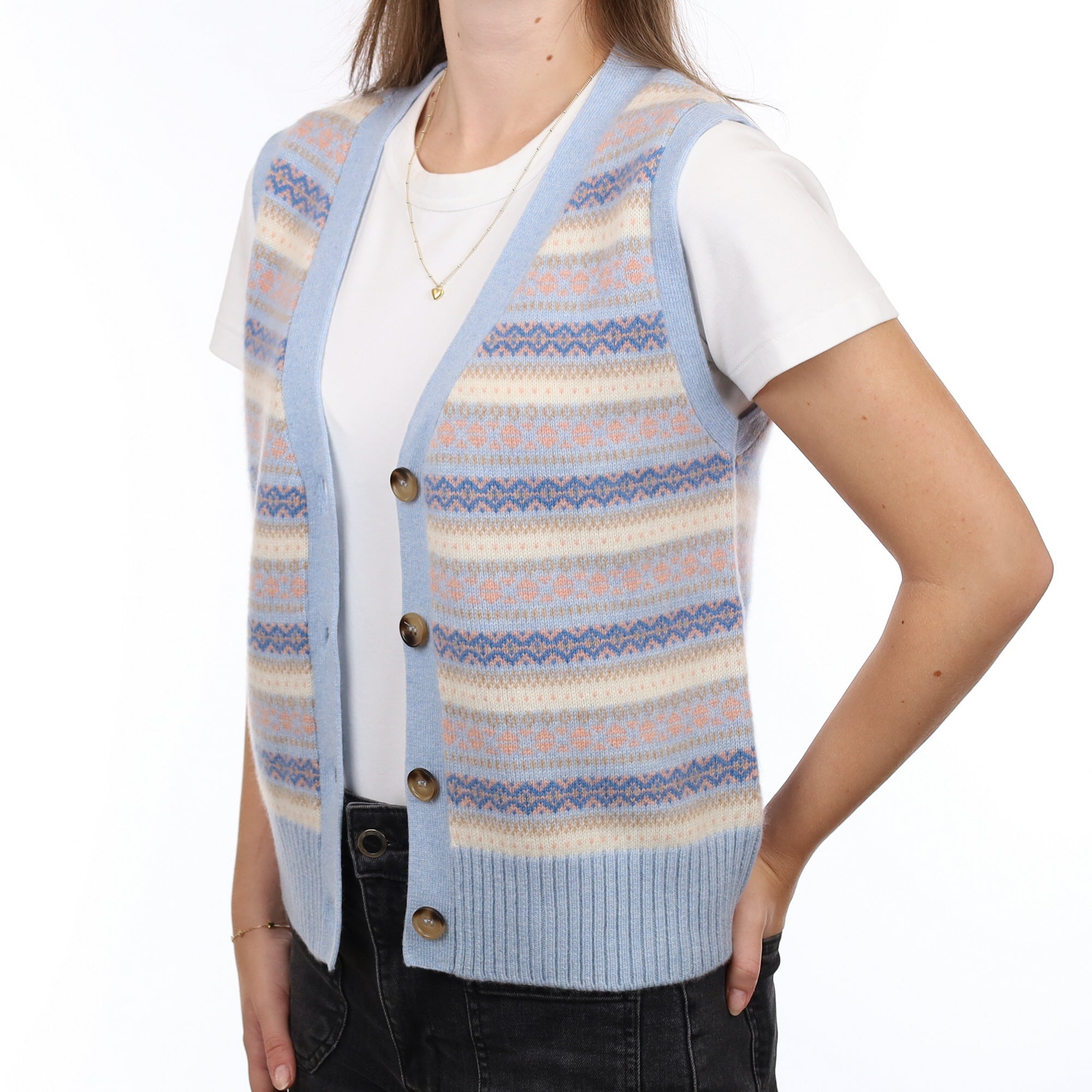 Brand New Baby Blue and Shell Pink Fair Isle Luxury Cashmere V Neck Waistcoat Extra Small UK 6-8