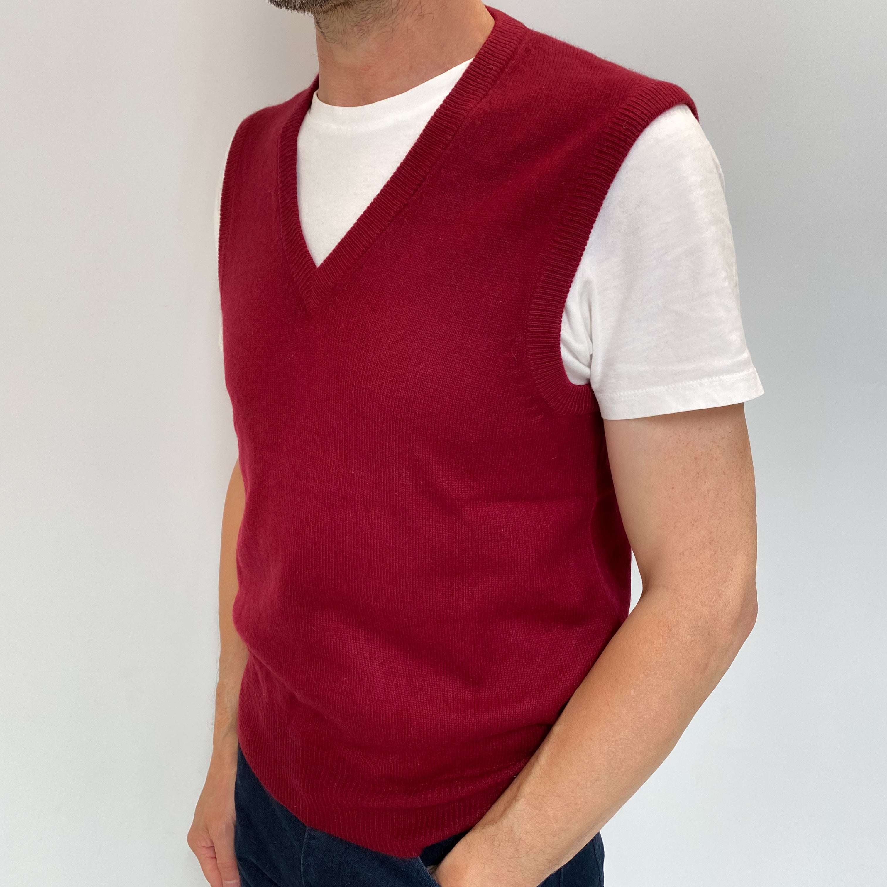 Men's Burgundy Red Cashmere V Neck Tank Top Small