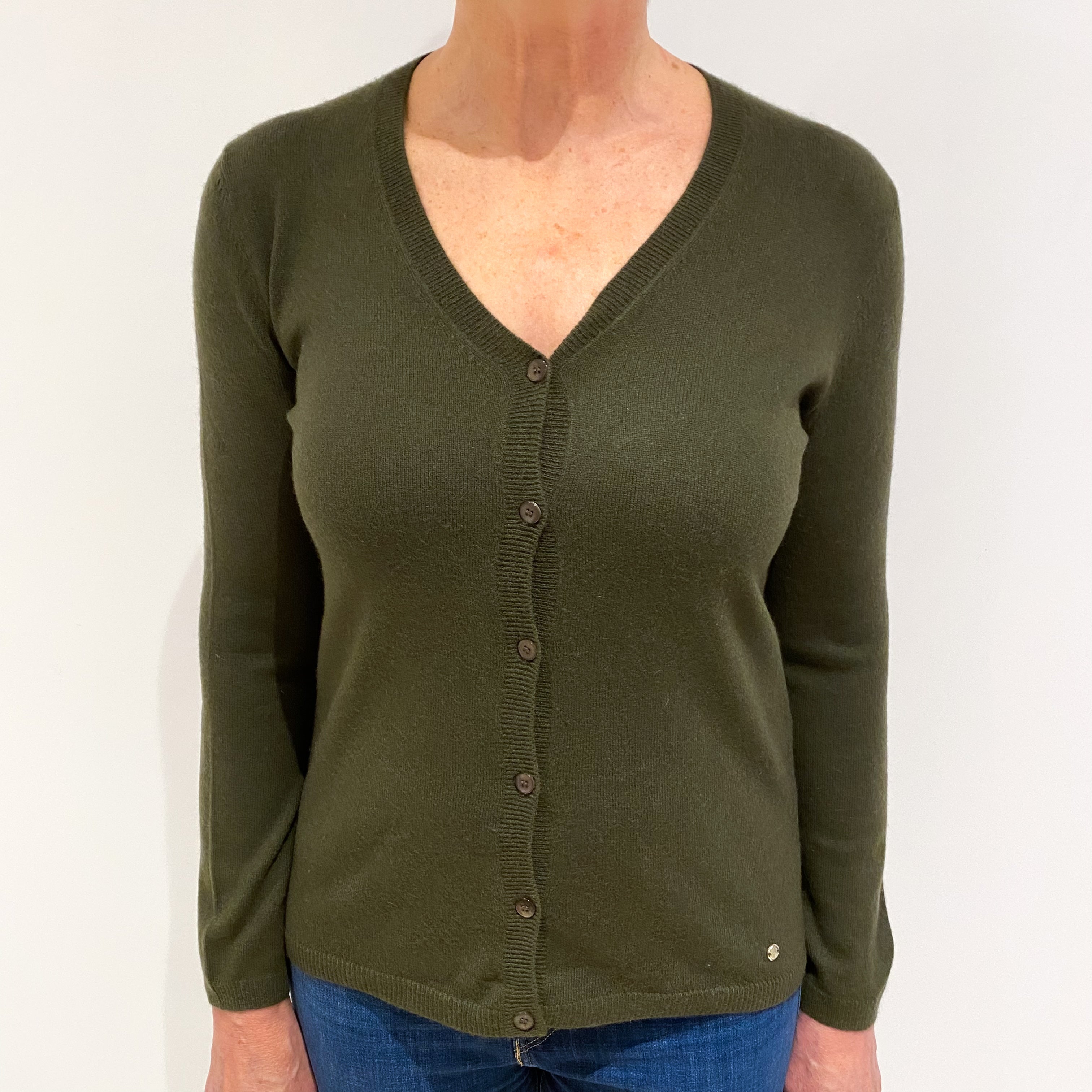 Deep Khaki Green Cashmere V Neck Cardigan Medium