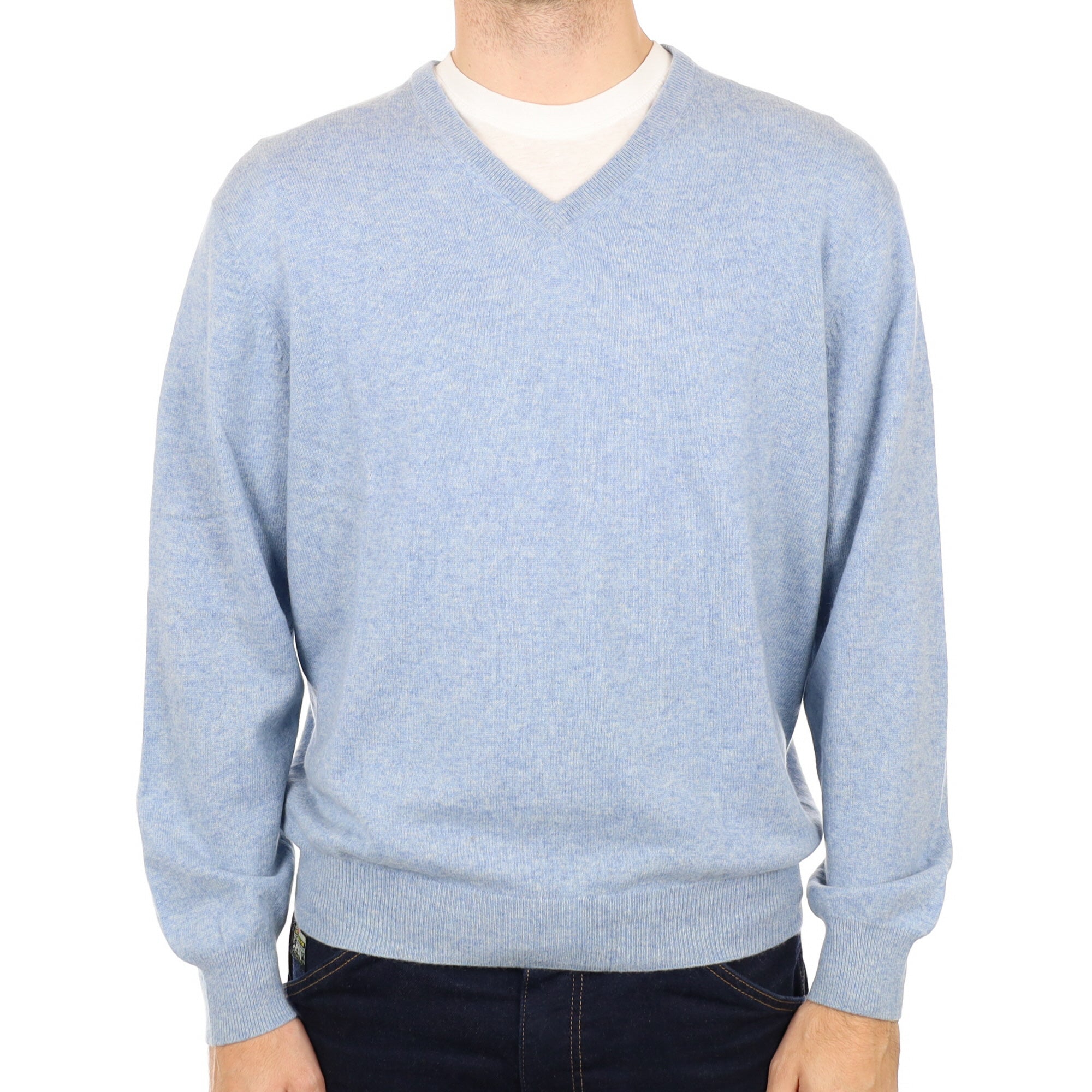 Men's Sky Blue Marl Cashmere V Neck Jumper Large