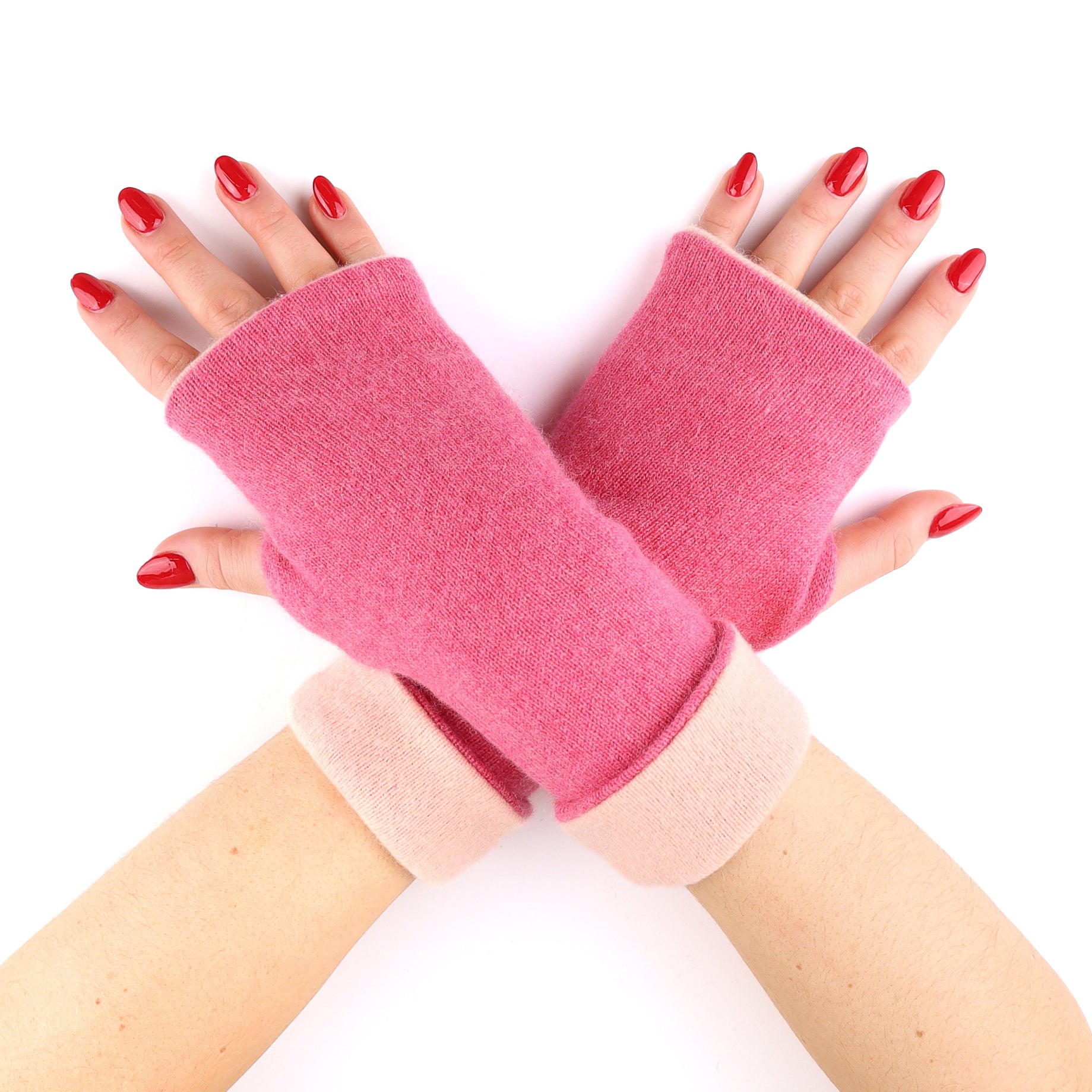Raspberry and Pale Pink Reversible Cashmere Fingerless Gloves