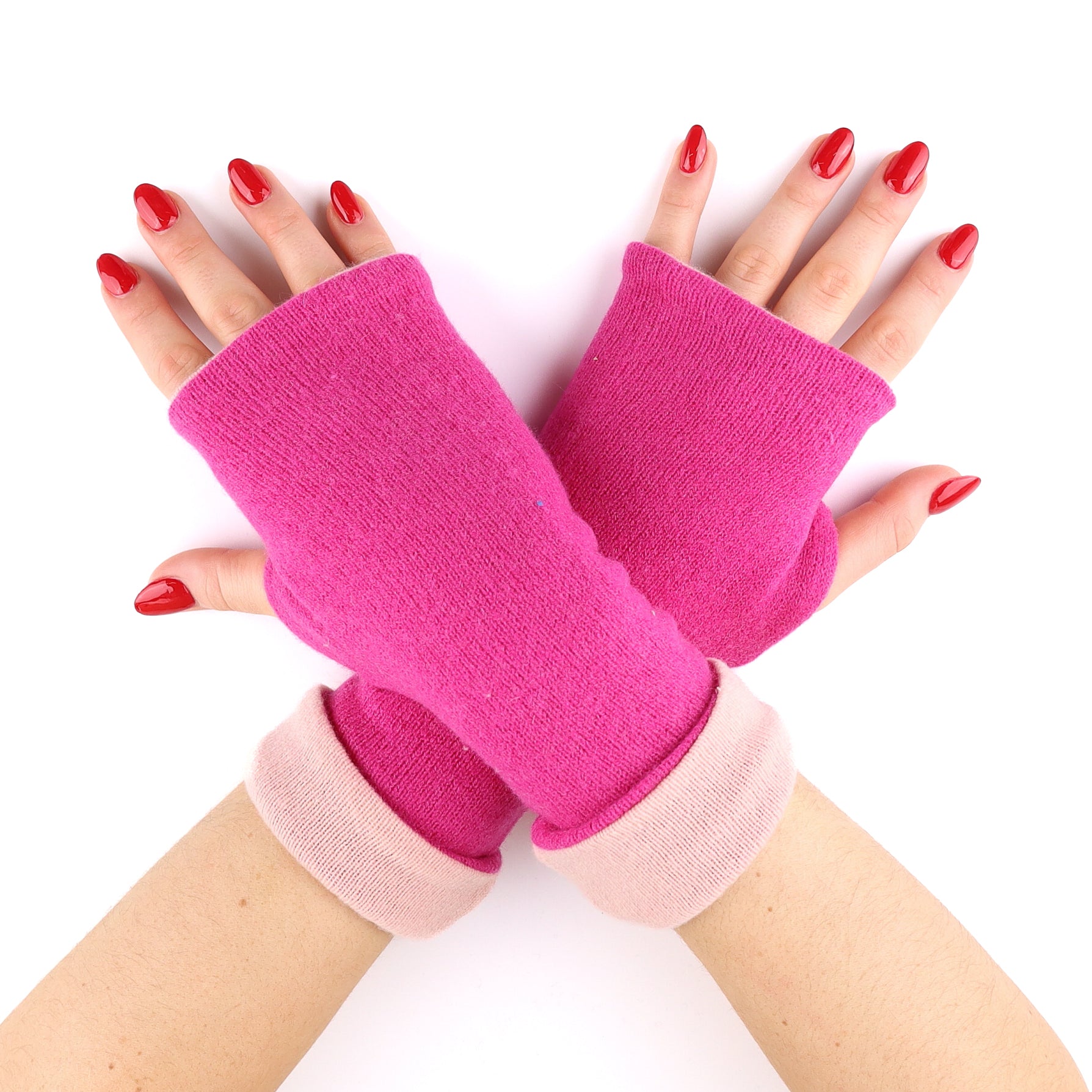 Fuchsia and Pale Pink Reversible Cashmere Fingerless Gloves