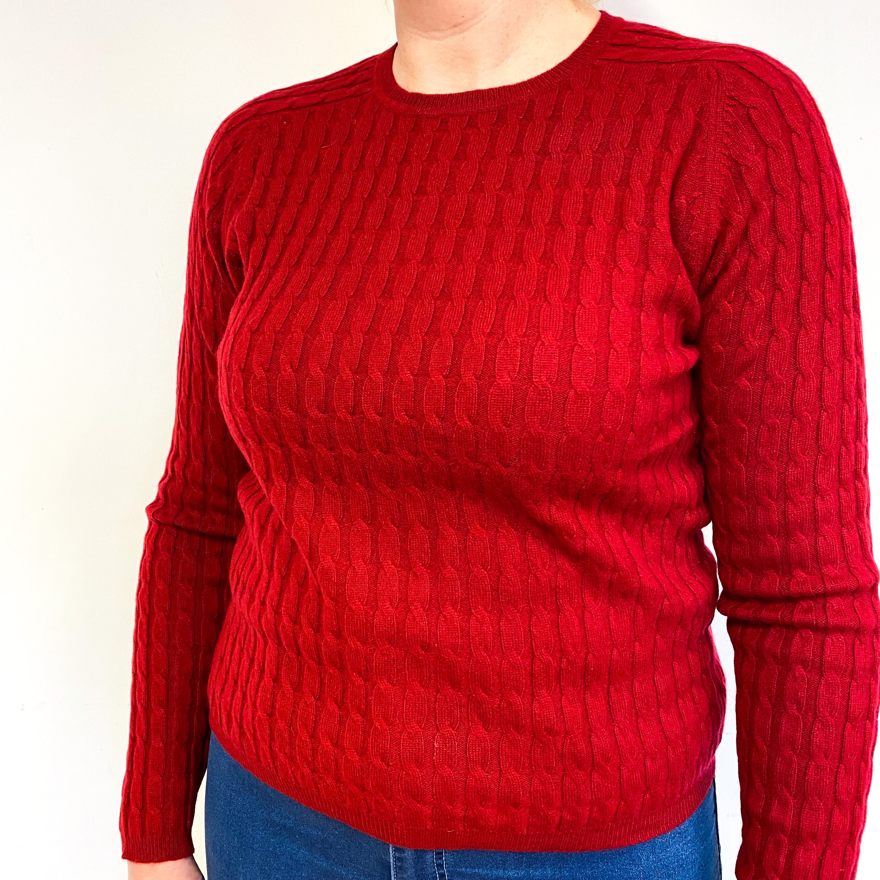 Ruby Red Cable Knit Cashmere Crew Neck Jumper Large