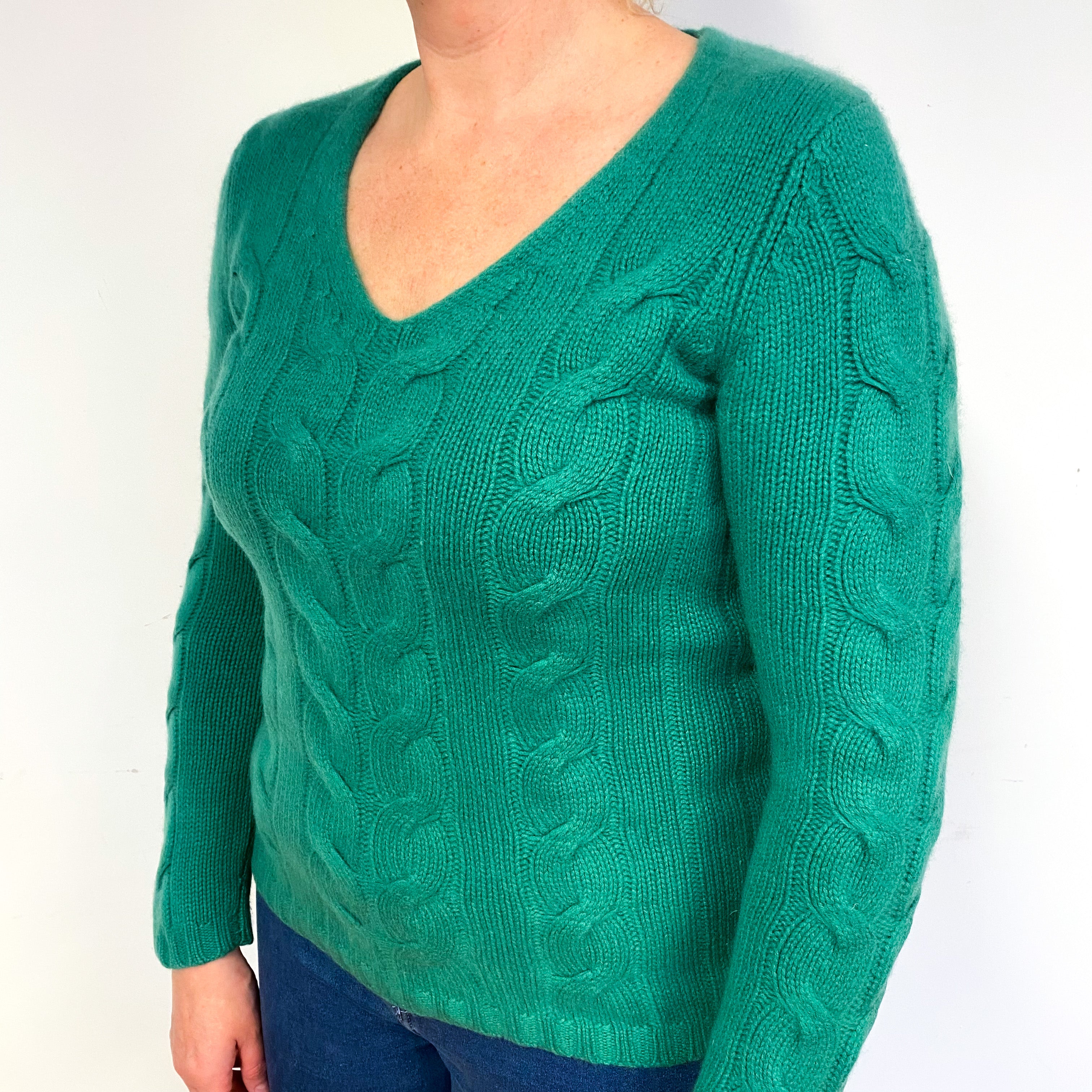 Jade Green Chunky Cable Cashmere V-Neck Jumper Large