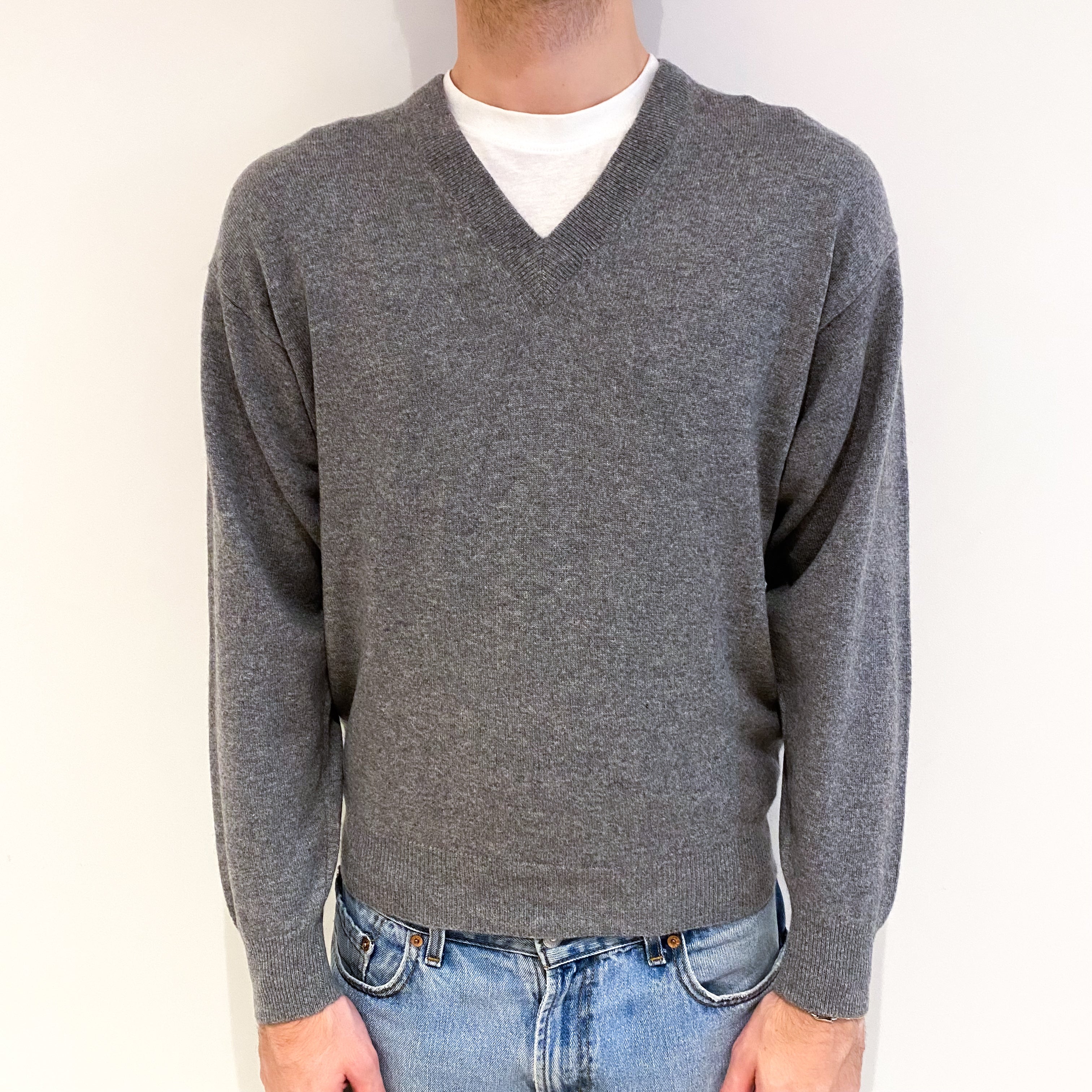 Men's Smoke Grey Cashmere V Neck Jumper Medium
