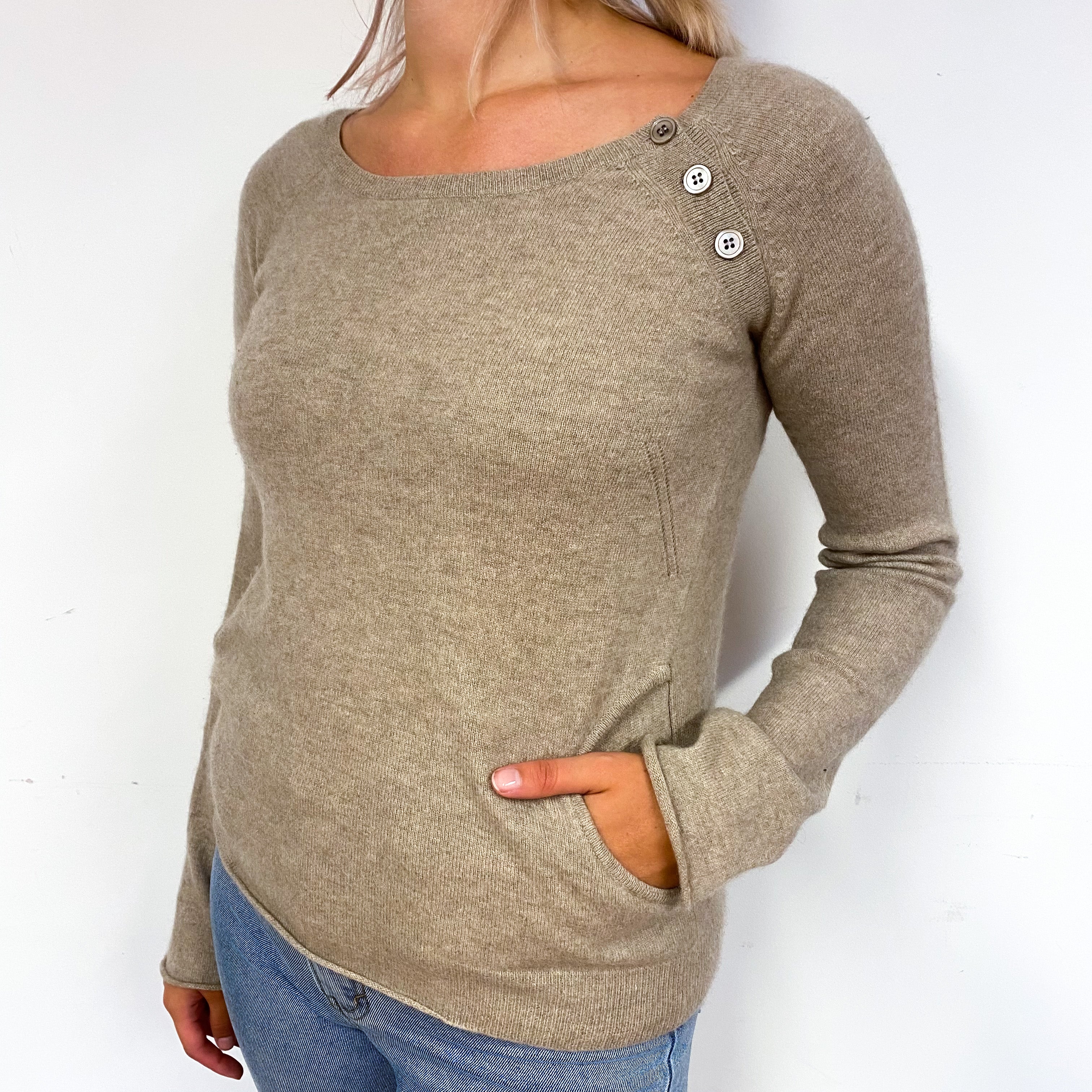 Taupe Brown Cashmere Crew Neck with Pockets Jumper Small