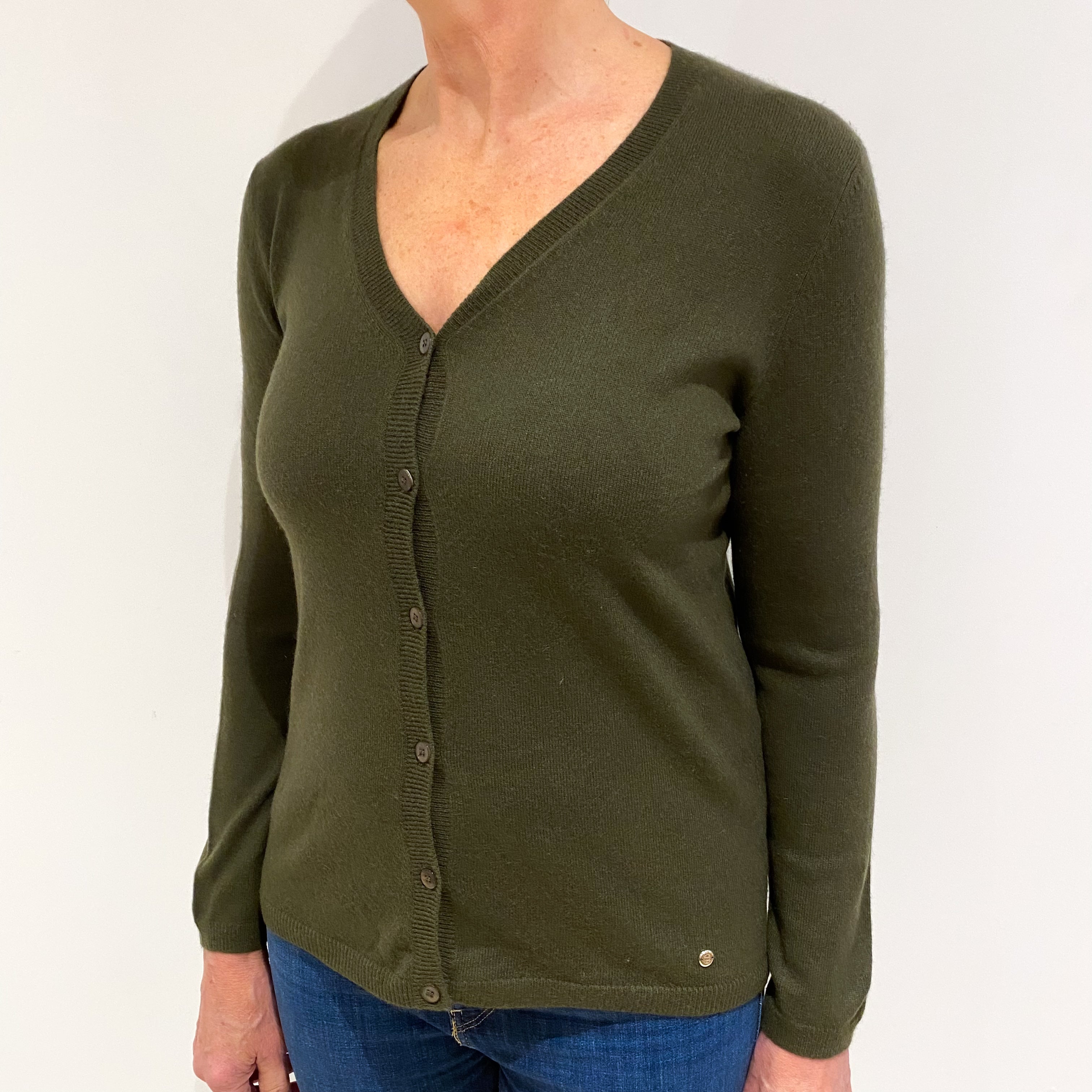 Deep Khaki Green Cashmere V Neck Cardigan Medium