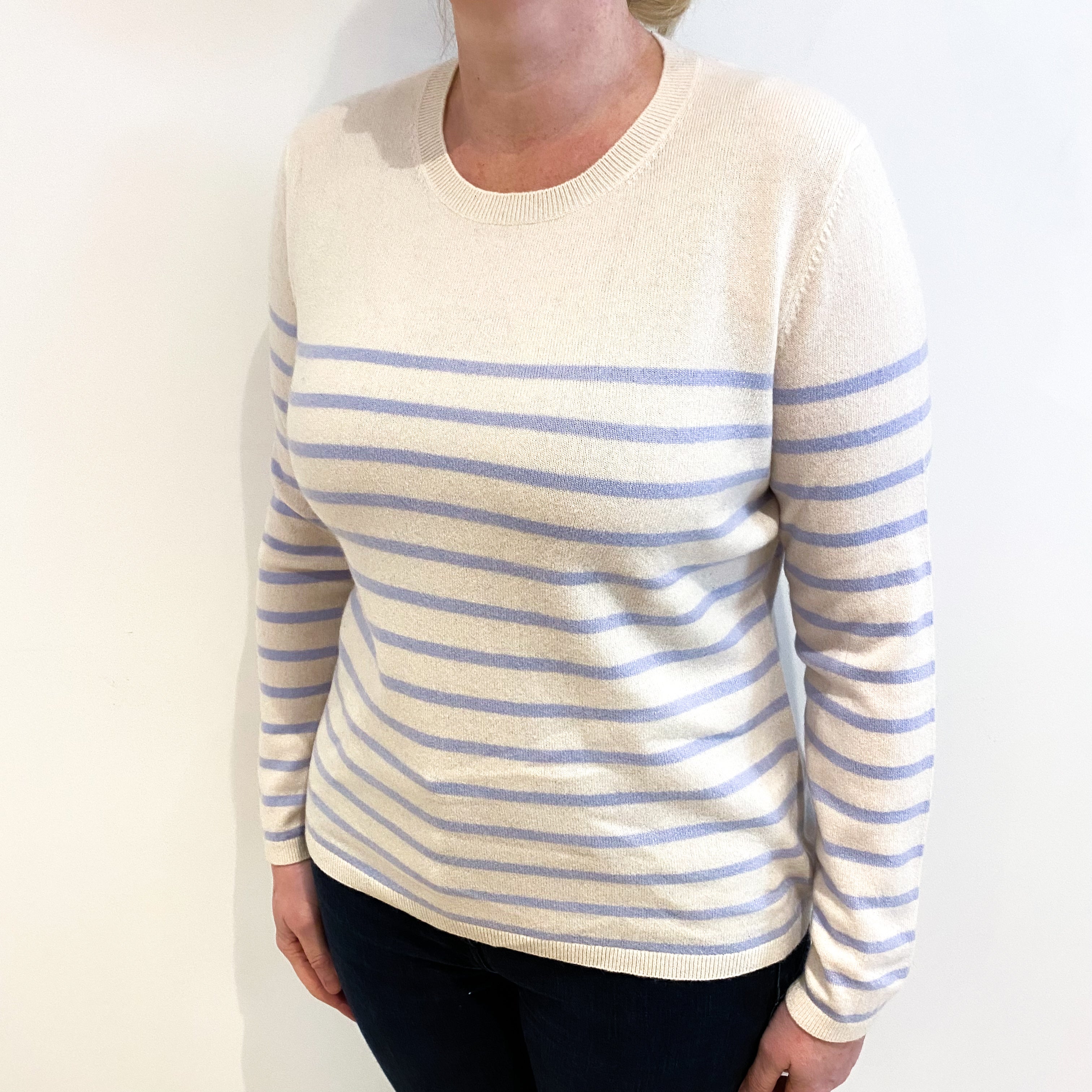 Cream And Blue Stripe Cashmere Crew Neck Jumper Large