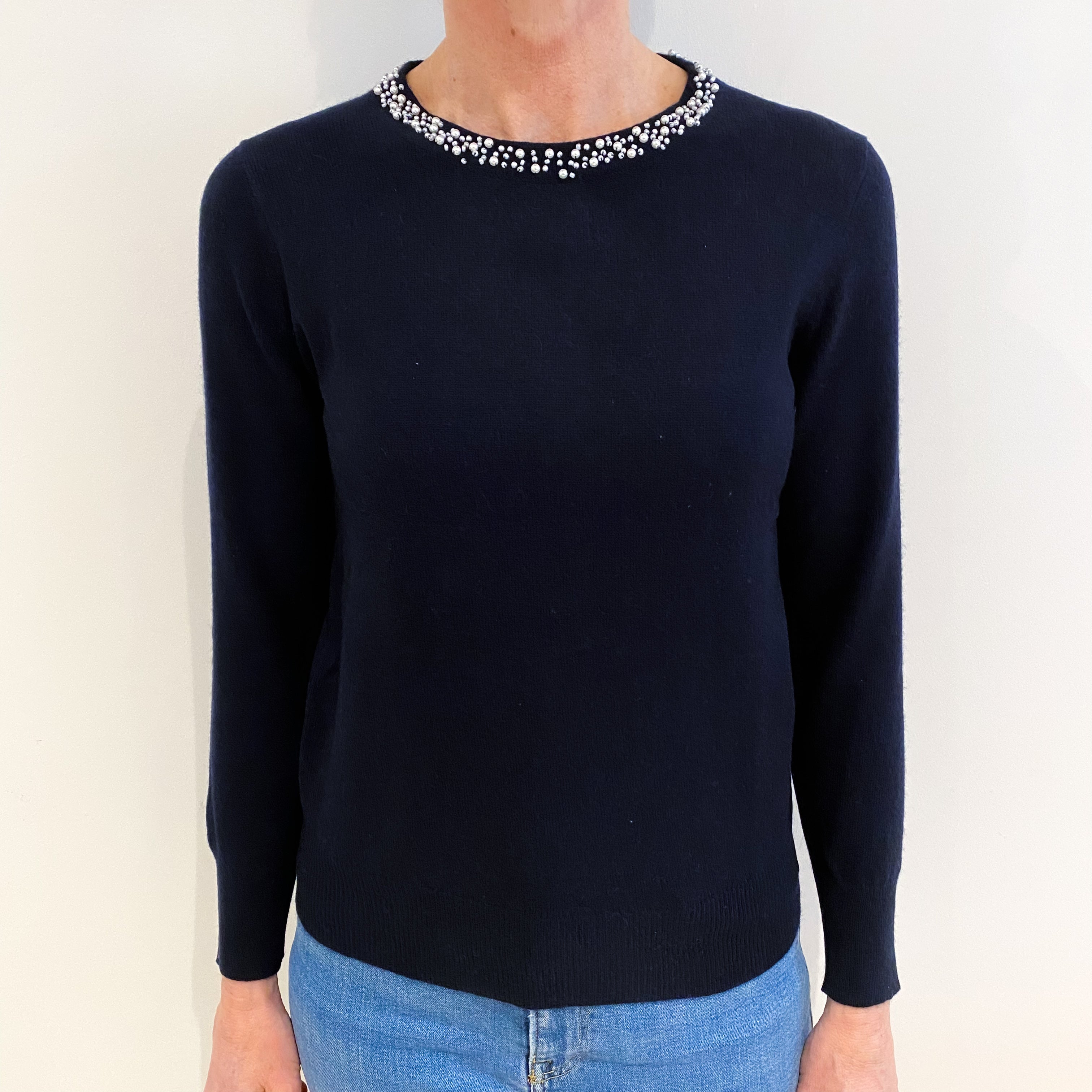 Navy Pearl Embellished Cashmere Crew Neck Jumper Small