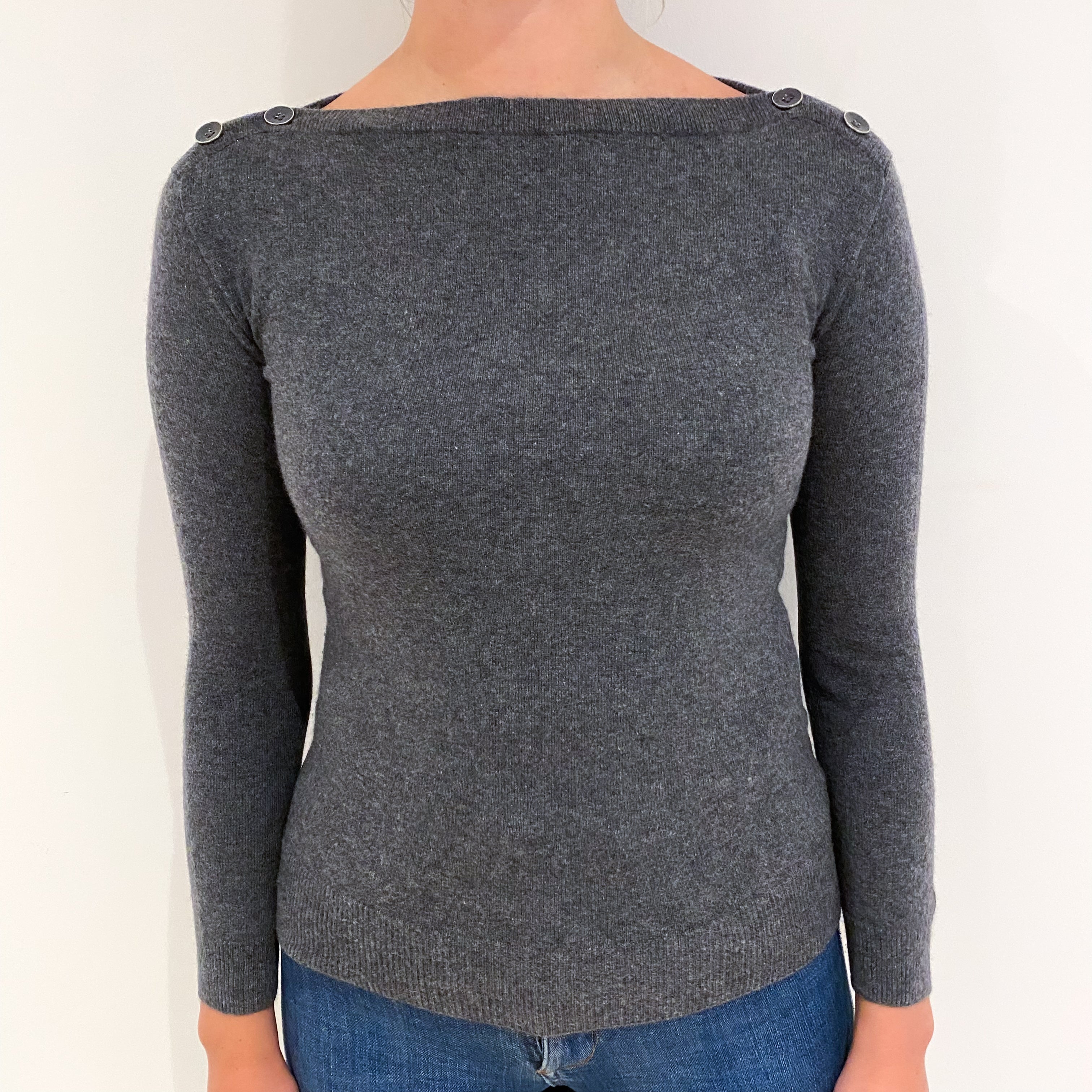 Slate Grey Cashmere Buttoned Slash Neck Jumper Small