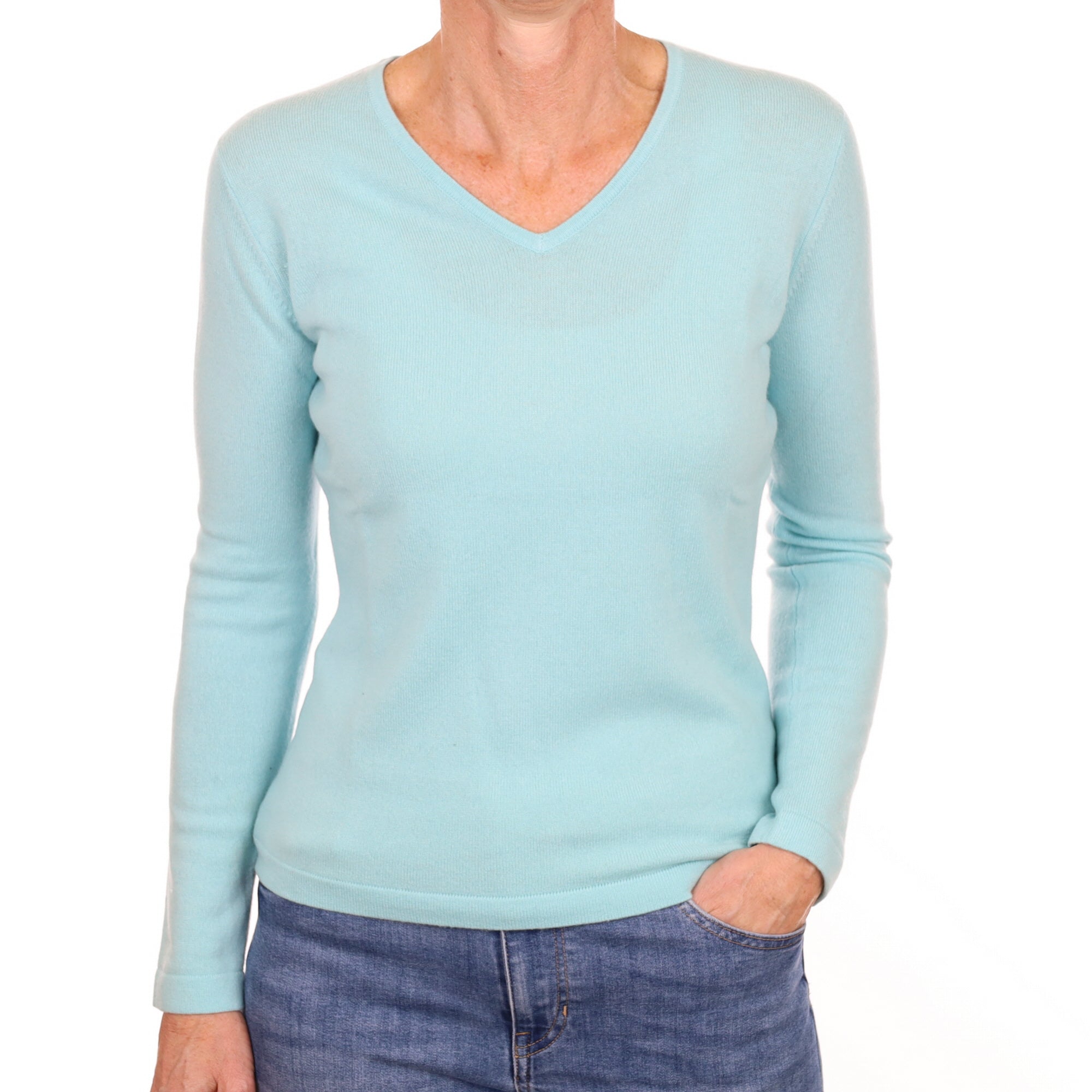 New Pale Aqua Blue Cashmere V Neck Small