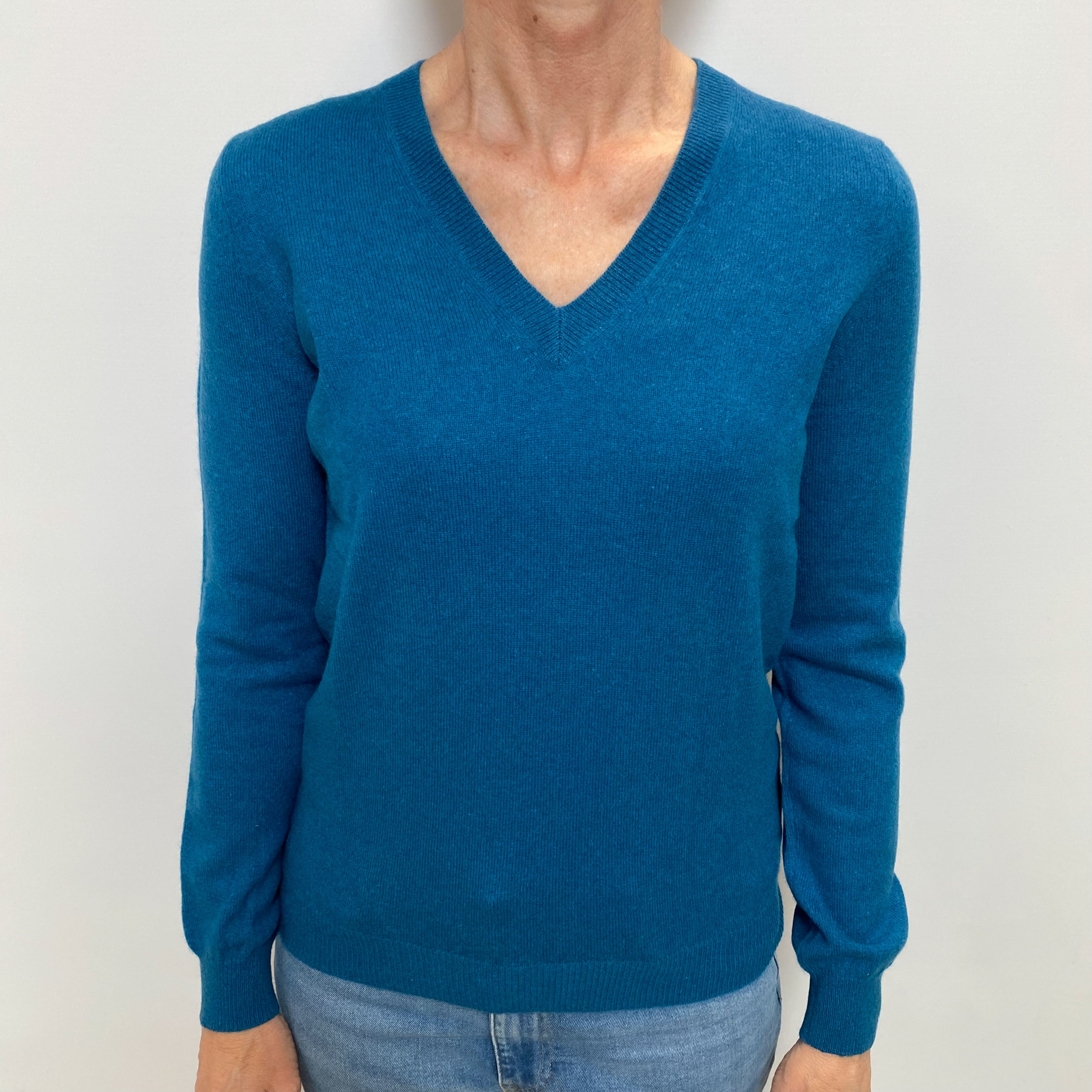 Teal Blue Cashmere V Neck Jumper Small