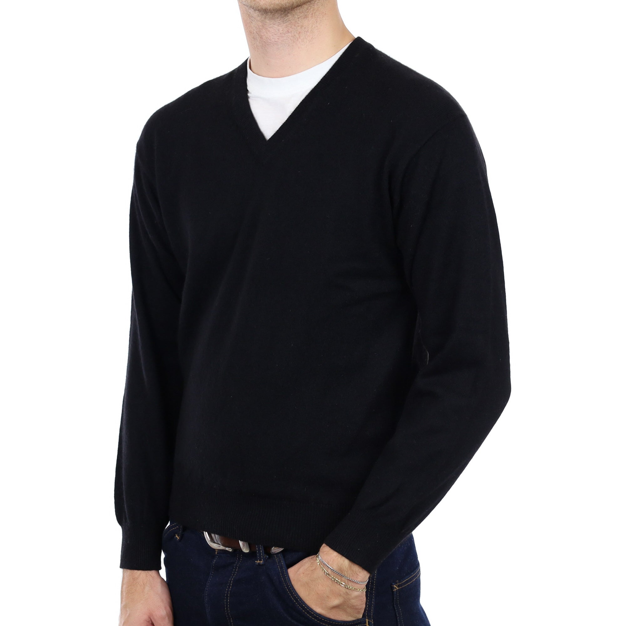 Men's Black Cashmere V Neck Jumper Medium