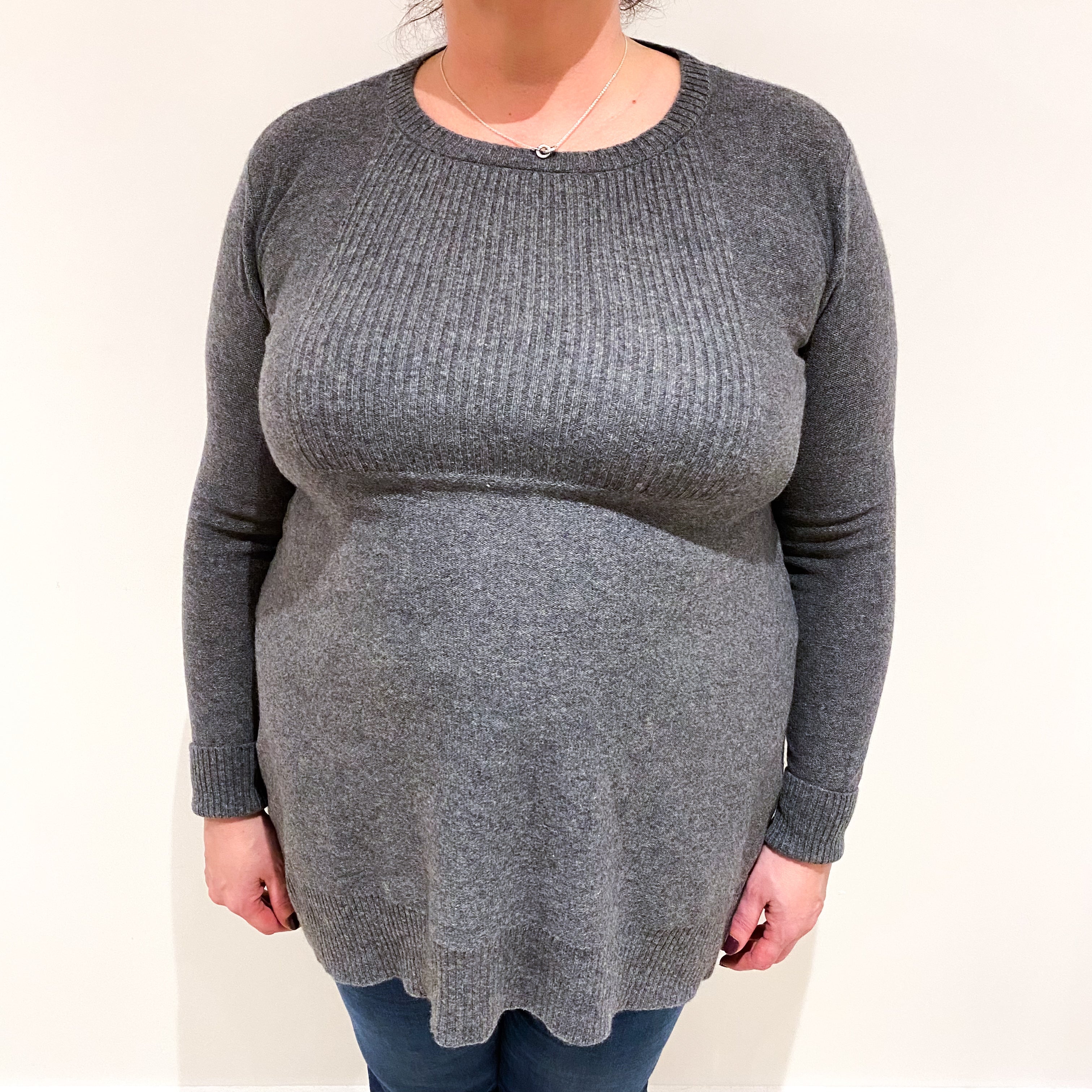 Slate Grey Rib Panel Cashmere Crew Neck Jumper Extra Large