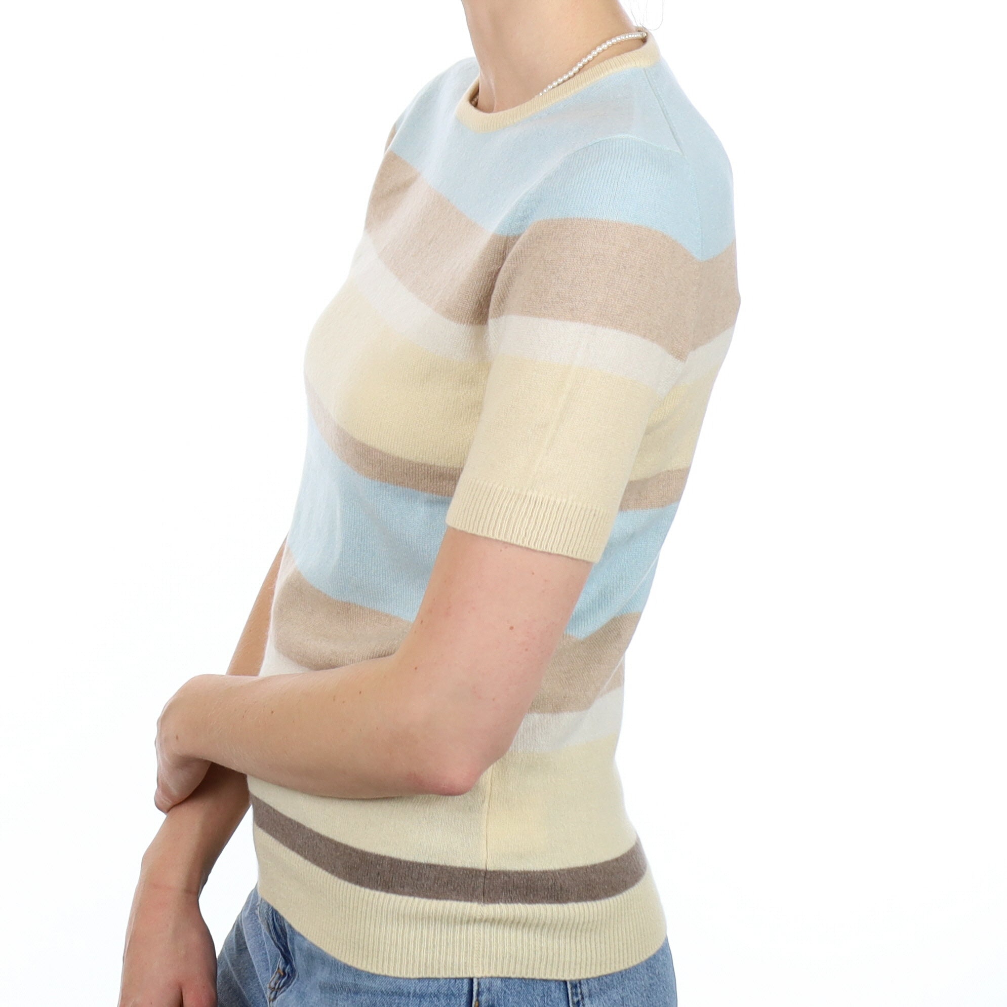 Blue Caramel Stripe Cashmere Short Sleeve Crew Neck Jumper Small