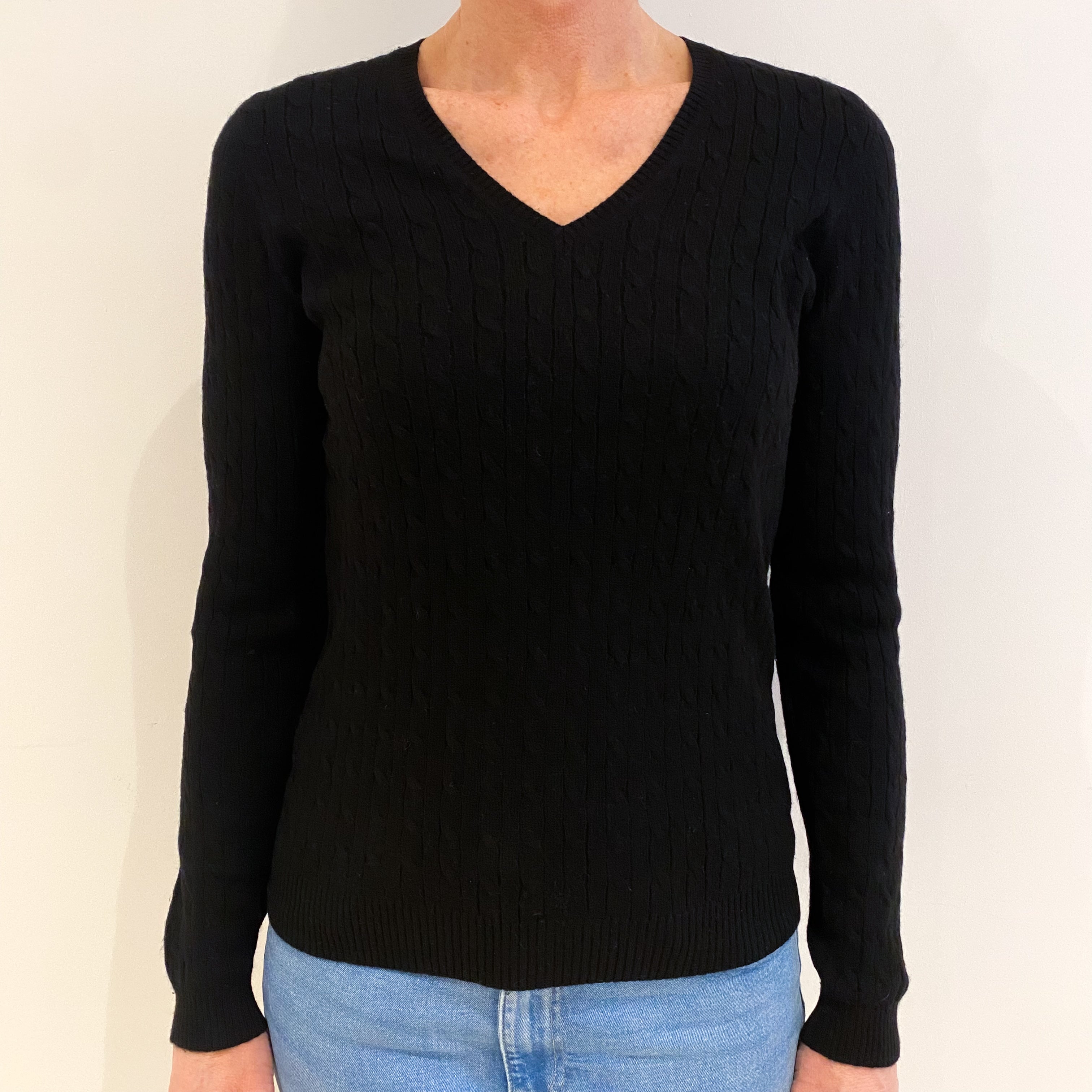 Black Cable Cashmere V Neck Jumper Small