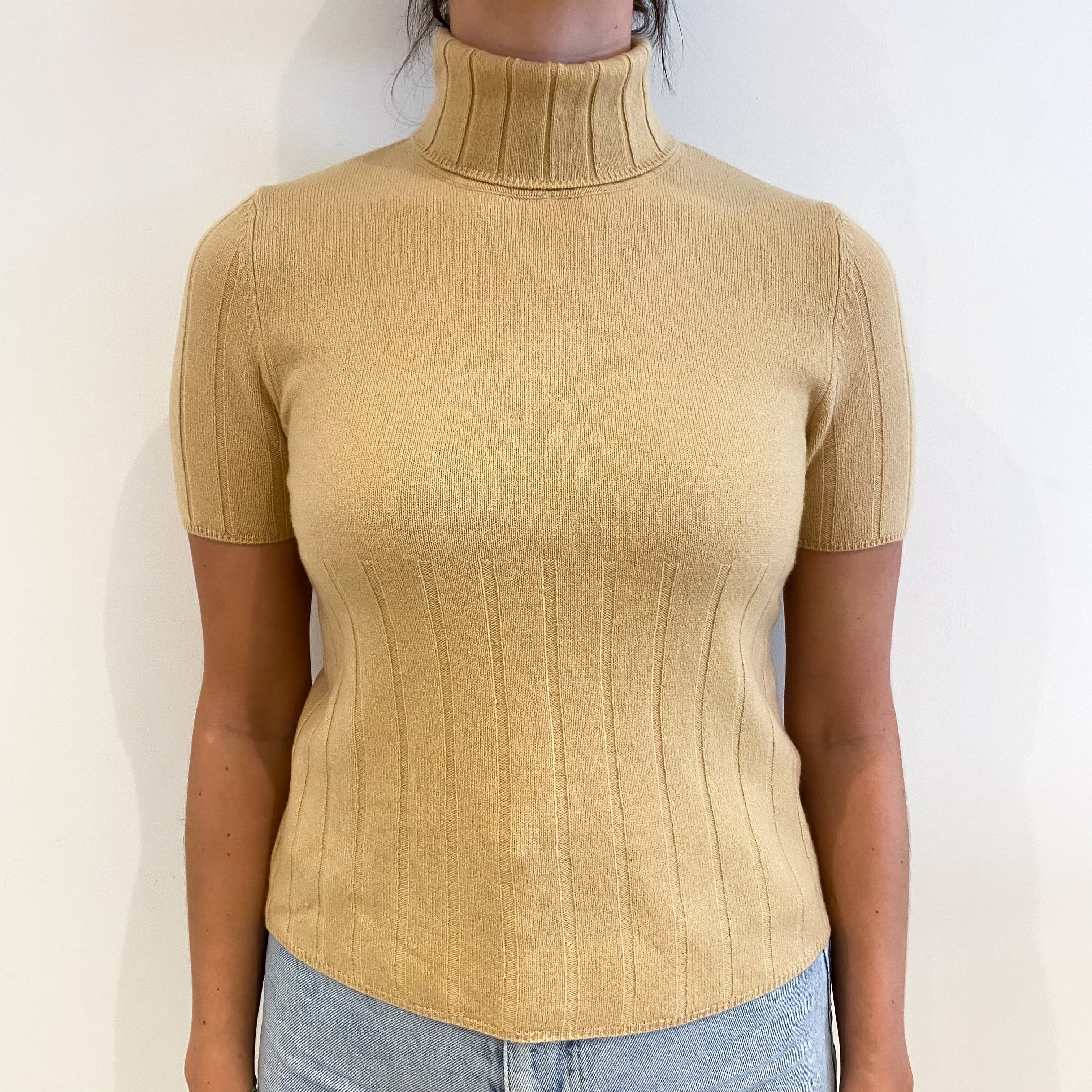 Caramel Brown Cashmere Polo Neck Short Sleeved Ribbed Jumper Small