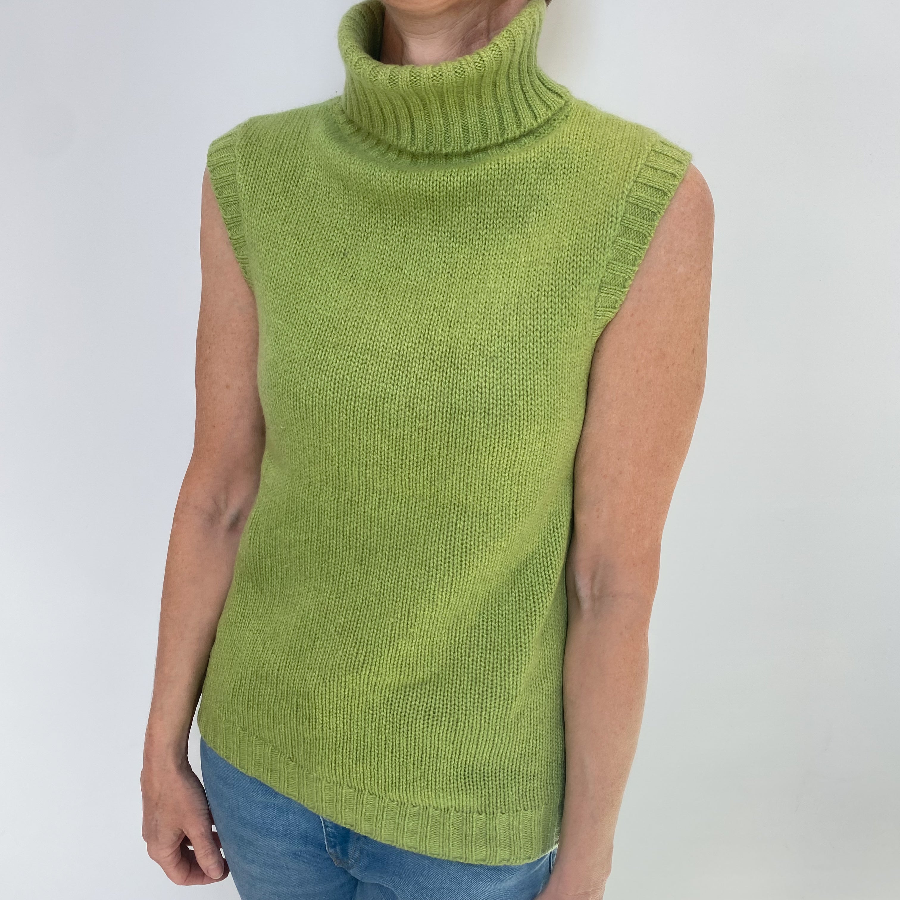 Pear Green Cashmere Chunky Sleeveless Polo Neck Jumper Small