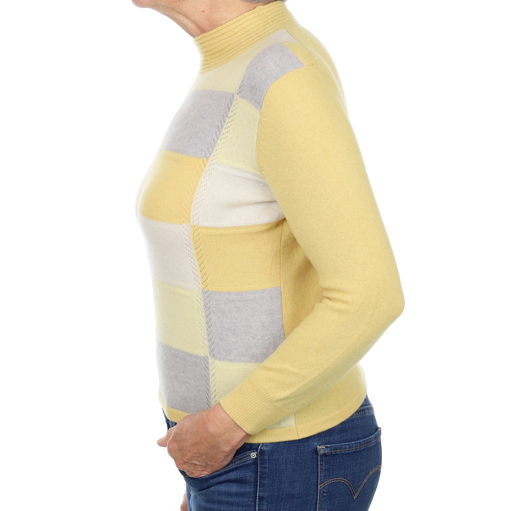 Yellow and Grey Checked Cashmere Turtle Neck Jumper Medium