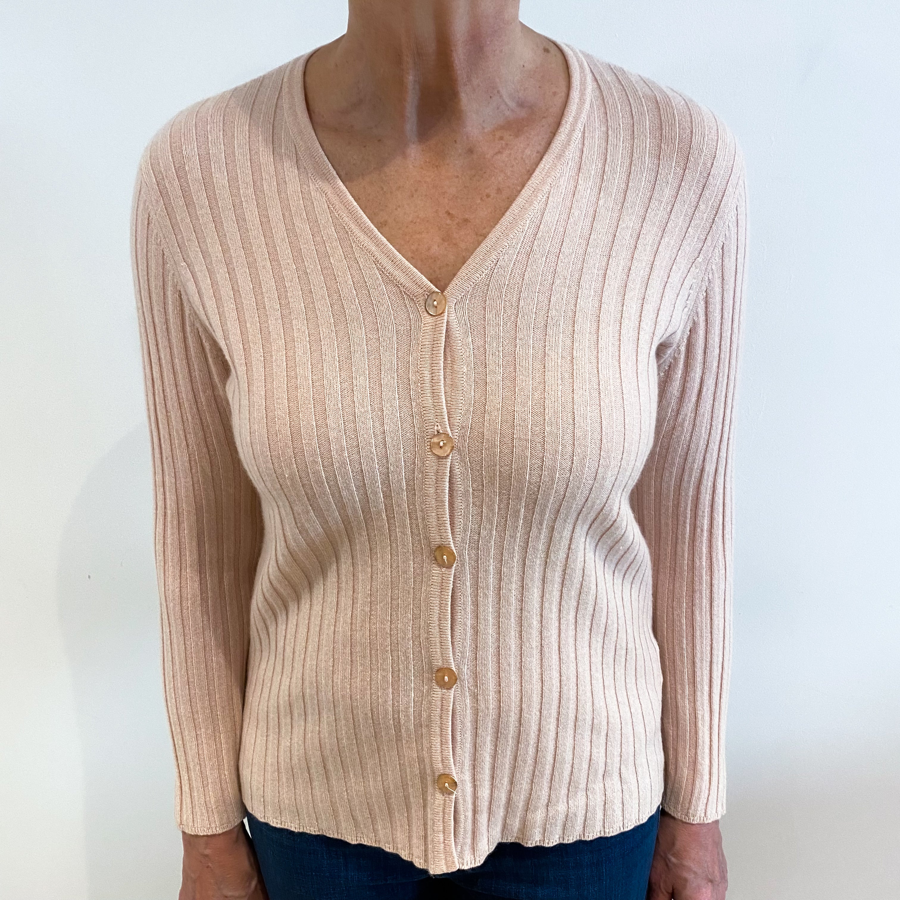 Marl Shell Pink Ribbed Cashmere V Neck Cardigan Medium