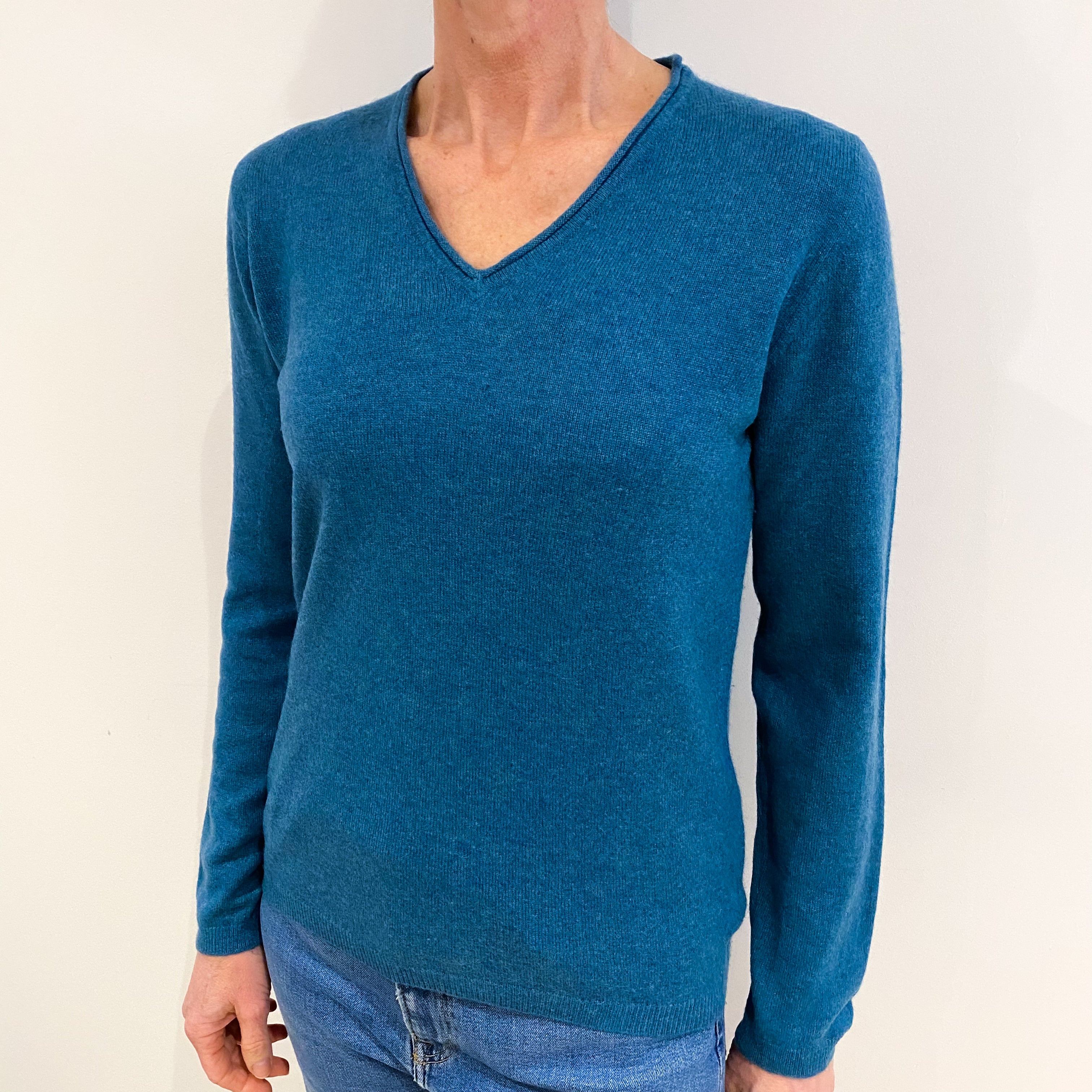 Teal Green Cashmere V Neck Jumper Small
