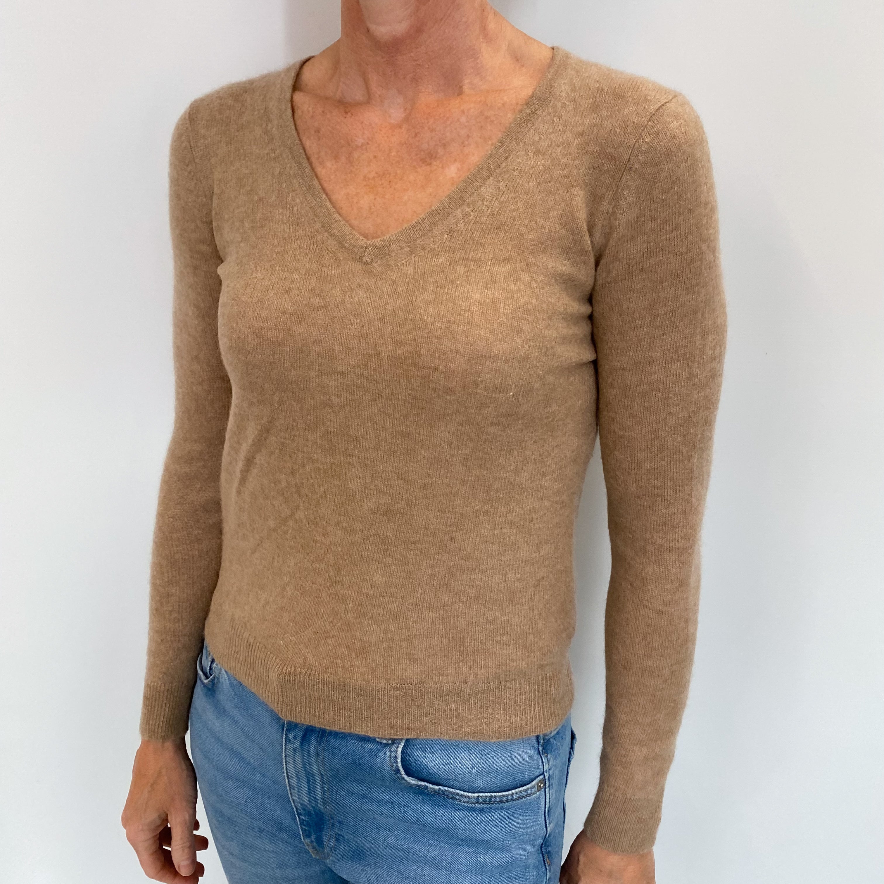 Butterscotch Brown Cashmere V Neck Jumper Small