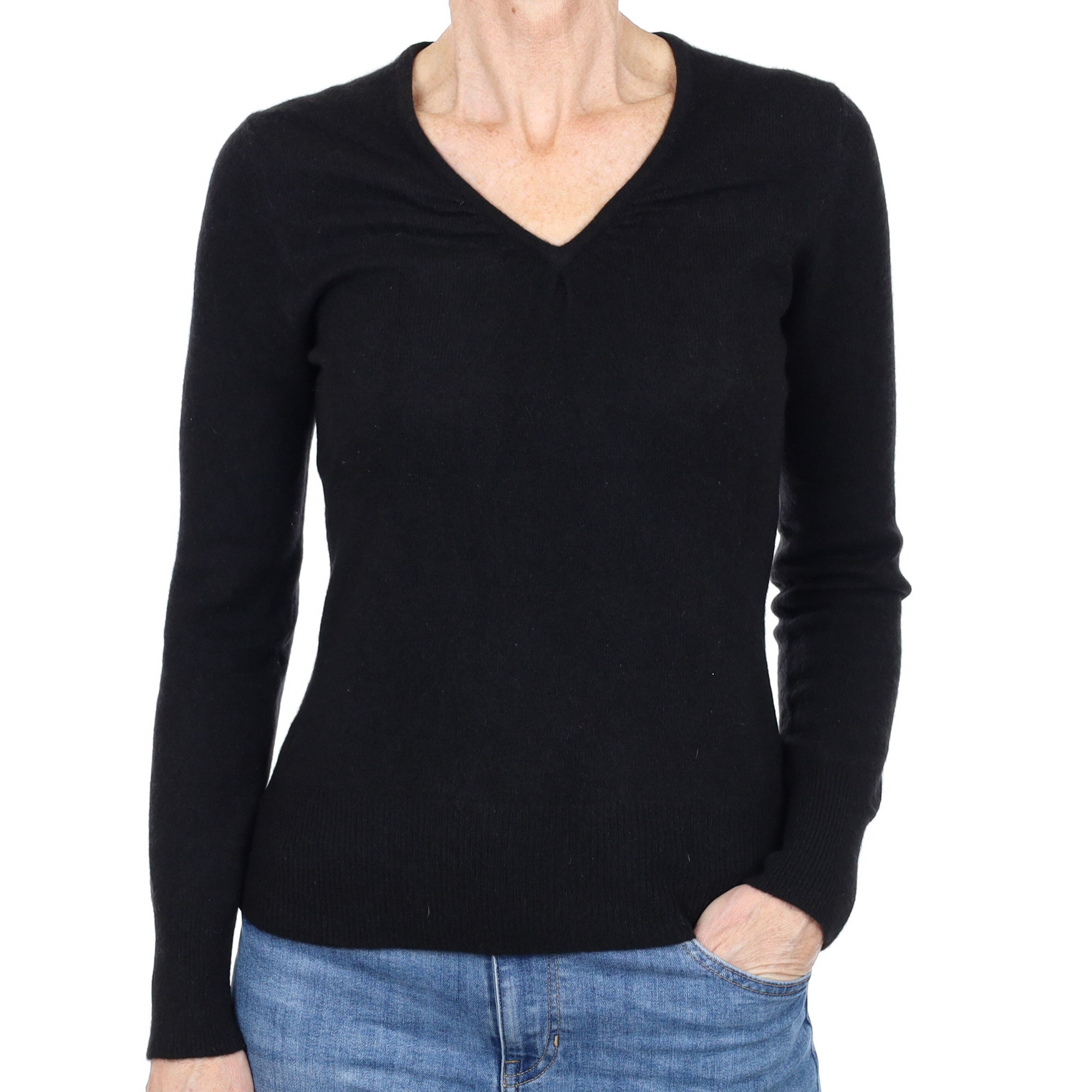 Black Cashmere Ruched V Neck Jumper Small