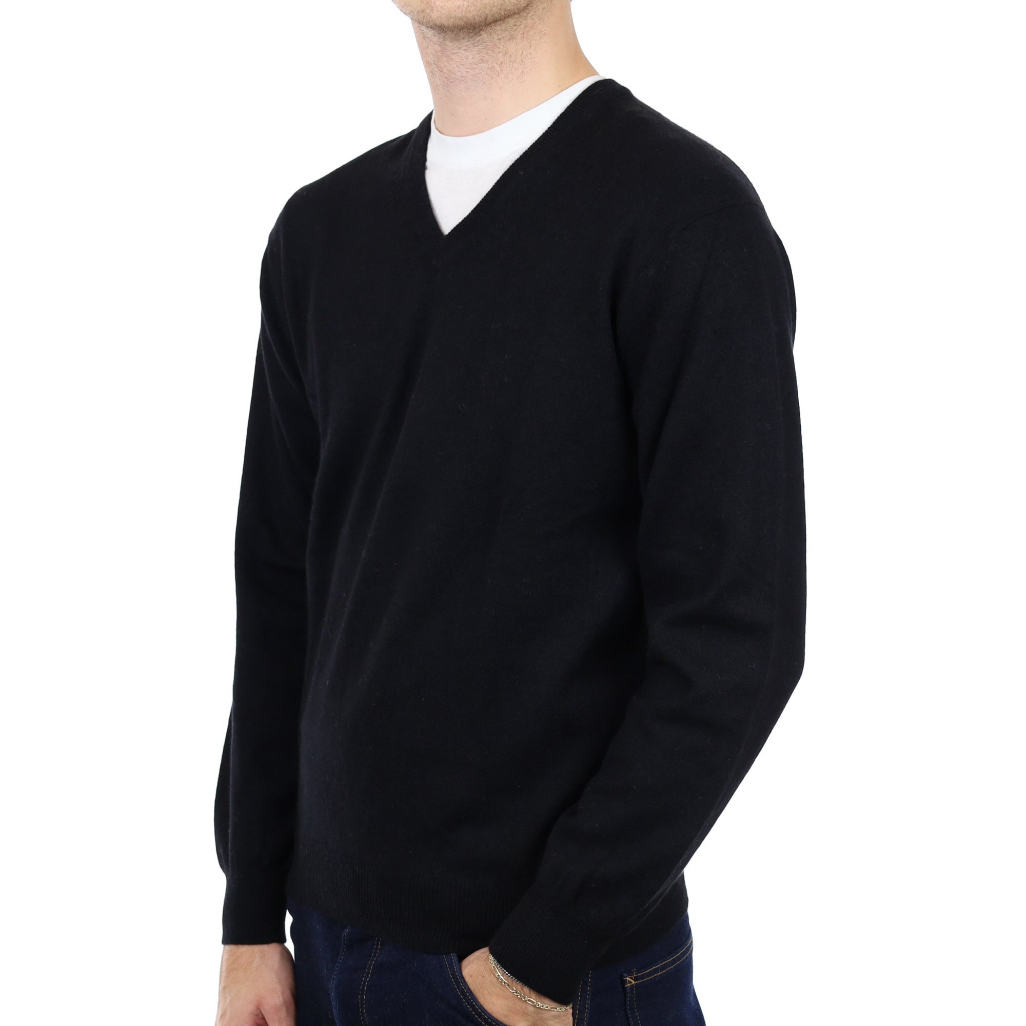 Men's Black Cashmere V Neck Jumper Medium