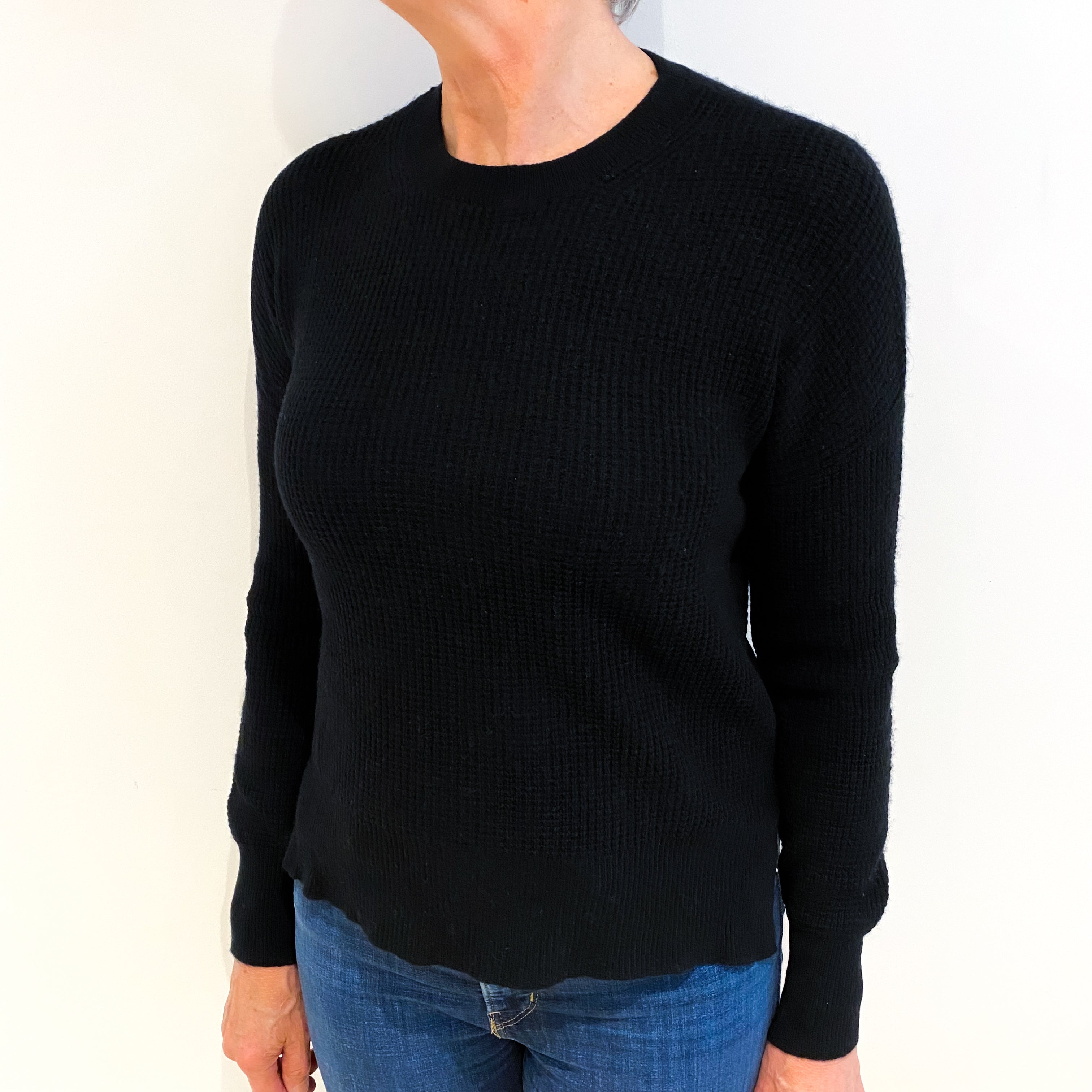 Black Cashmere Crew Neck Waffle Knit Jumper Medium