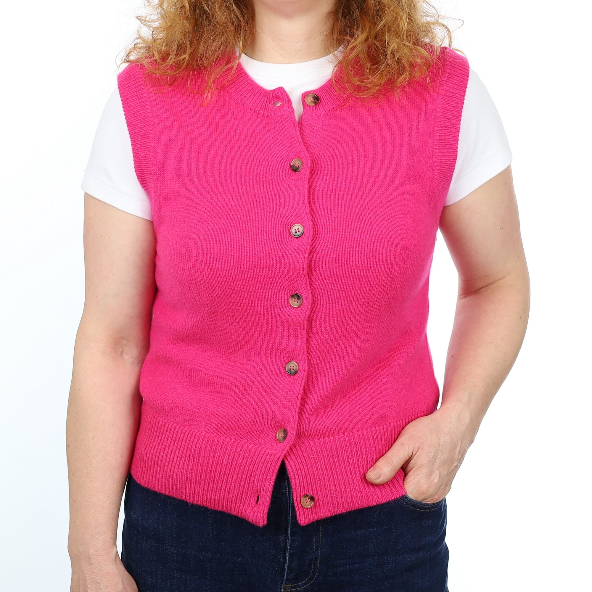 Brand New Hot Pink Luxury Cashmere Crew Neck Waistcoat Medium UK 12-14