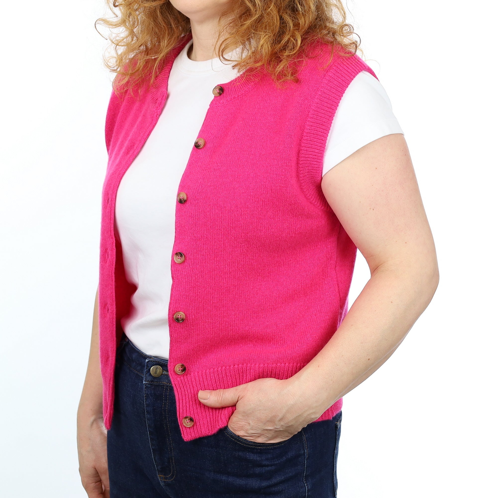 Brand New Hot Pink Luxury Cashmere Crew Neck Waistcoat Medium UK 12-14