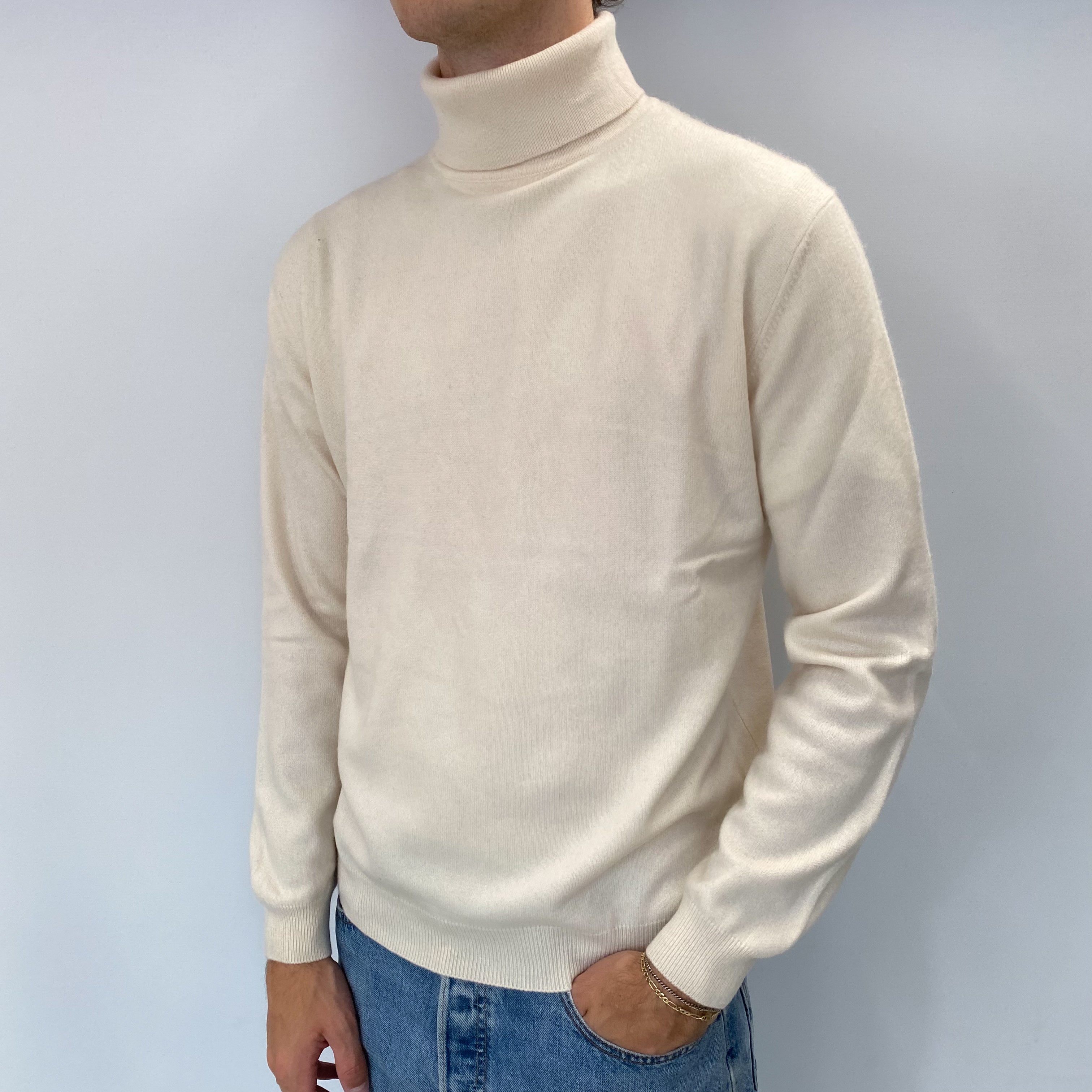 Men's Winter White Cashmere Polo Neck Jumper Large