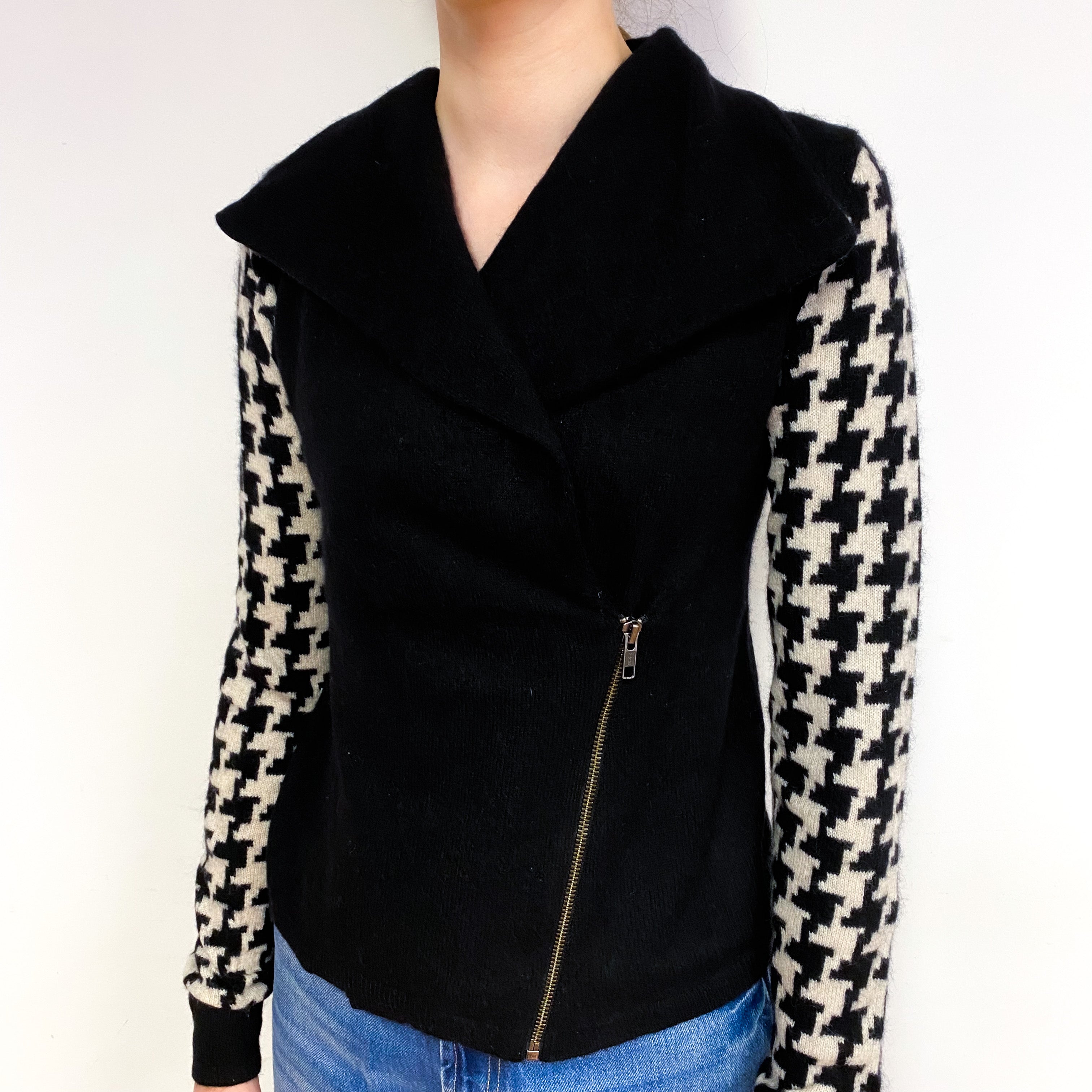 Black Dog Tooth Cashmere Zip Up Cardigan Extra Small