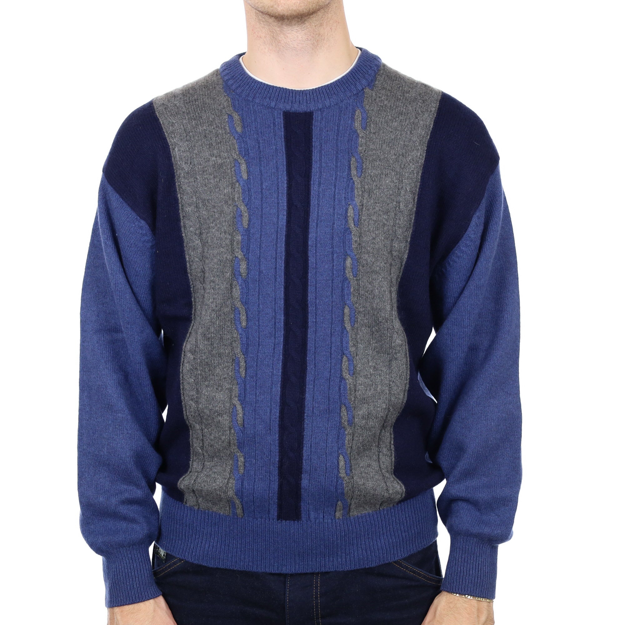 Men's Blue and Grey Stripe Cashmere Crew Neck Jumper Large