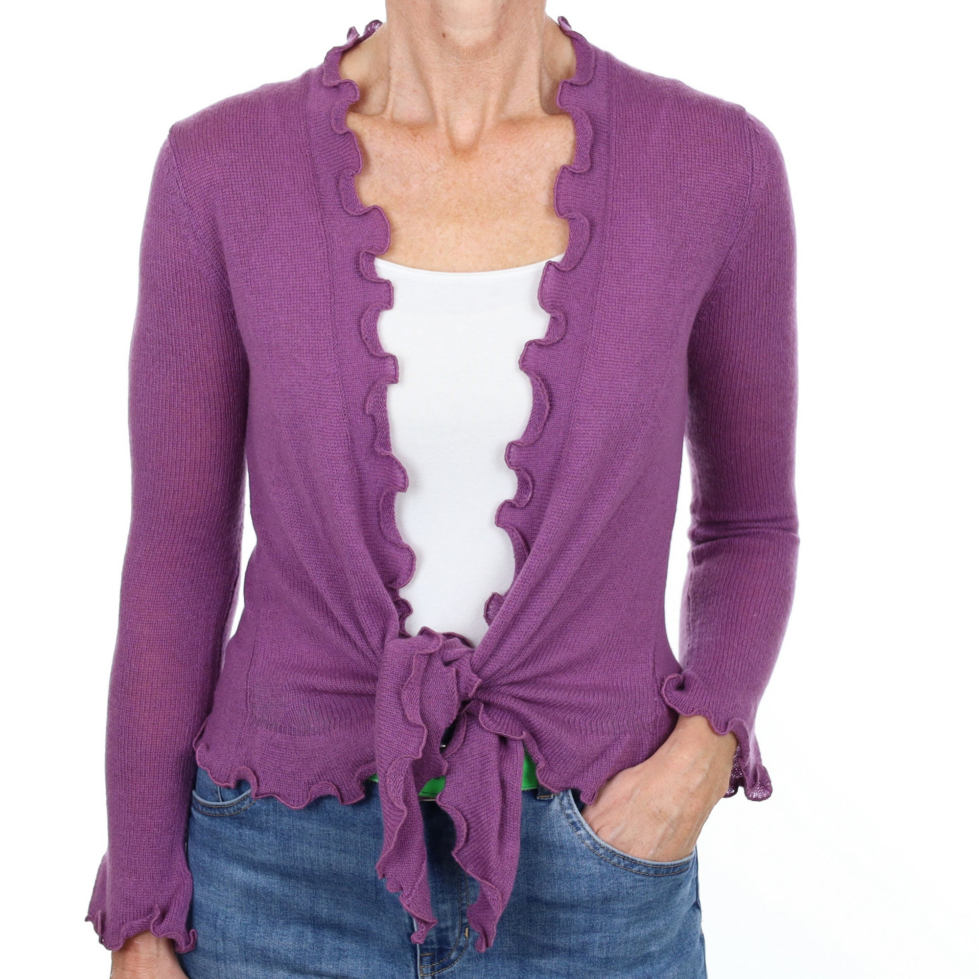 New Plum Purple Cashmere Tie Front Cardigan Small