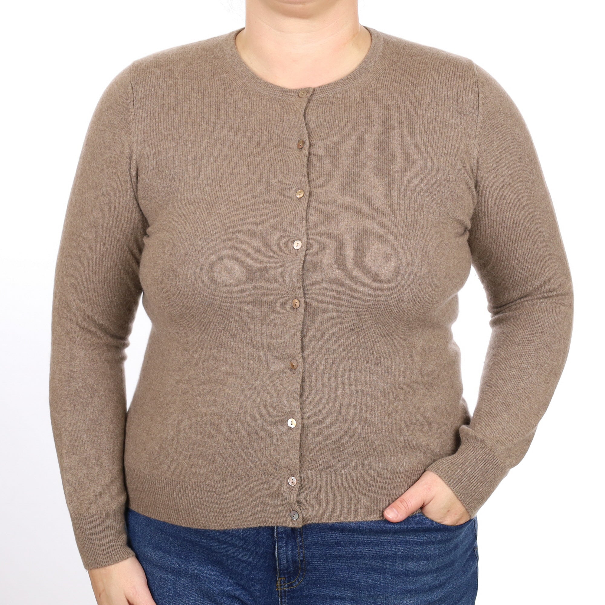 Taupe Brown Cashmere Crew Neck Cardigan Large