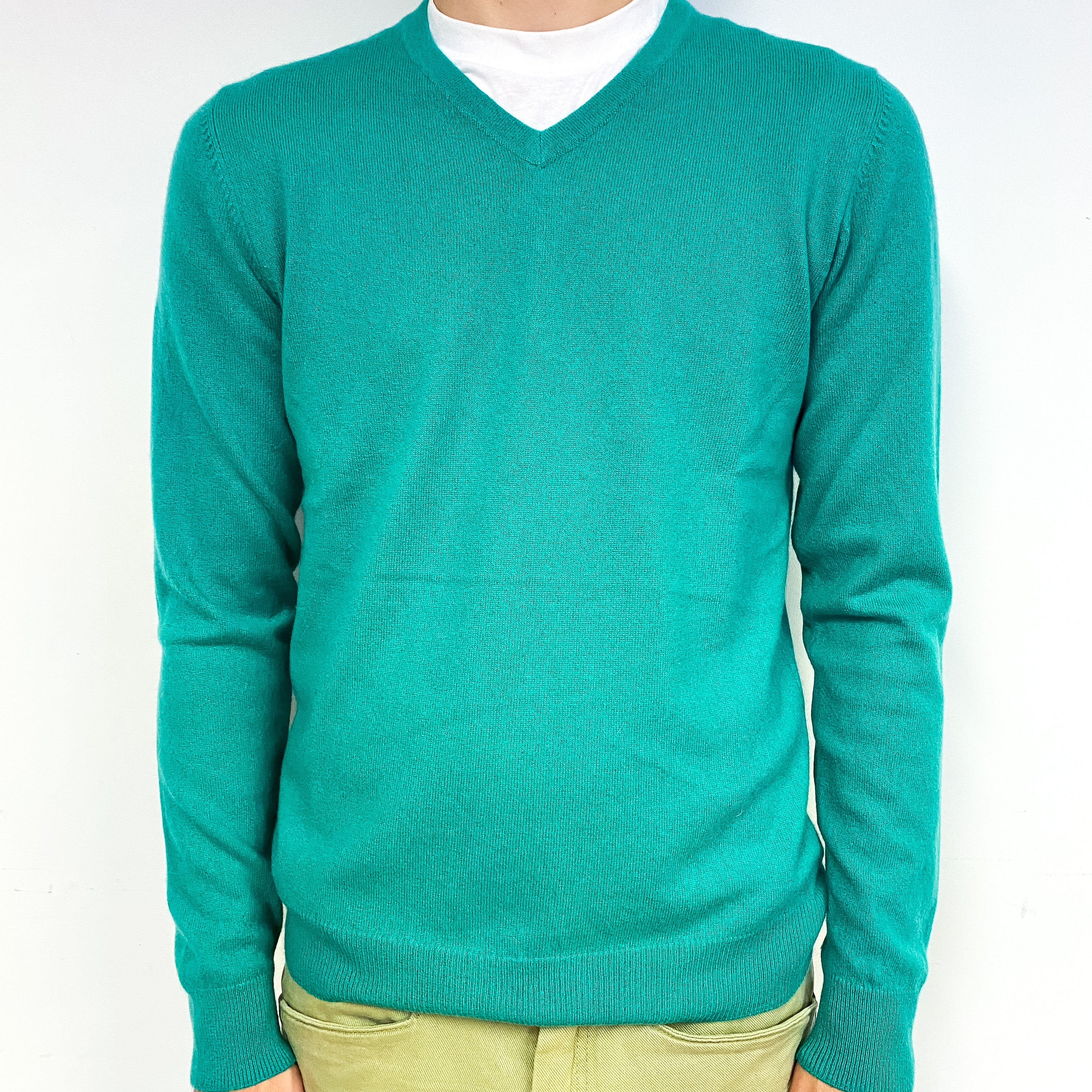 Men's Sea Foam Green Cashmere V-Neck Jumper Medium