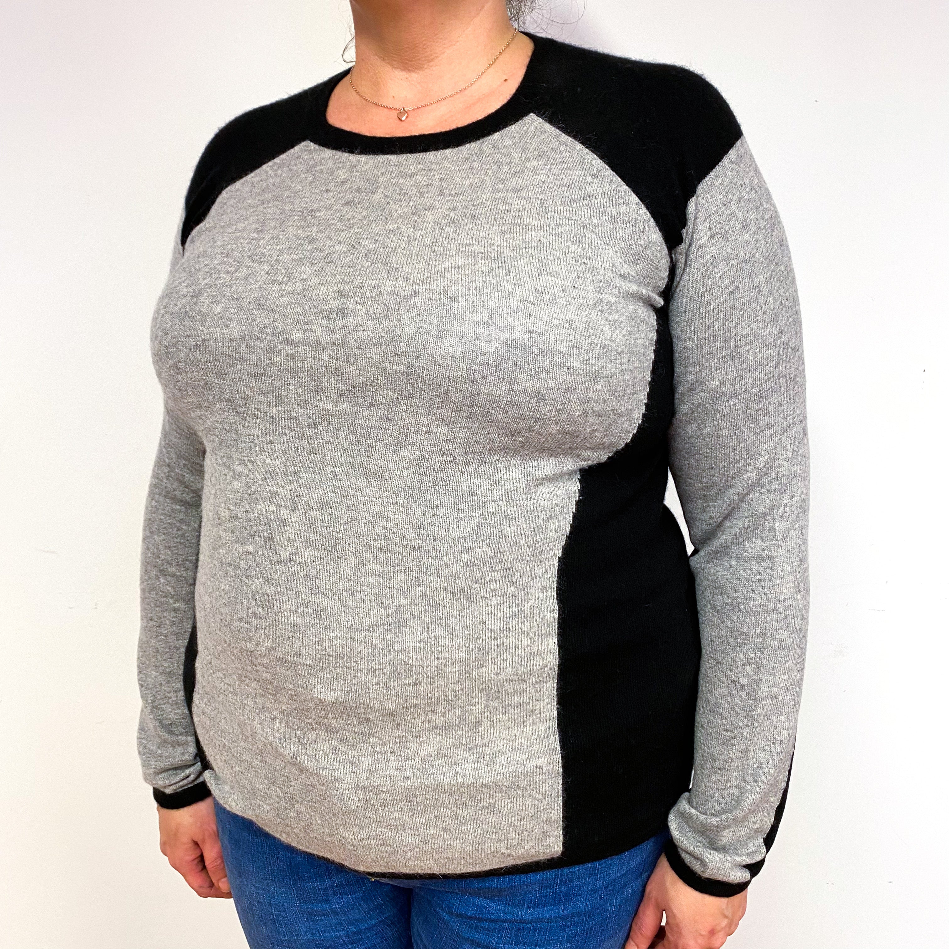 Grey Black Colour Block Cashmere Crew Neck Jumper Extra Large