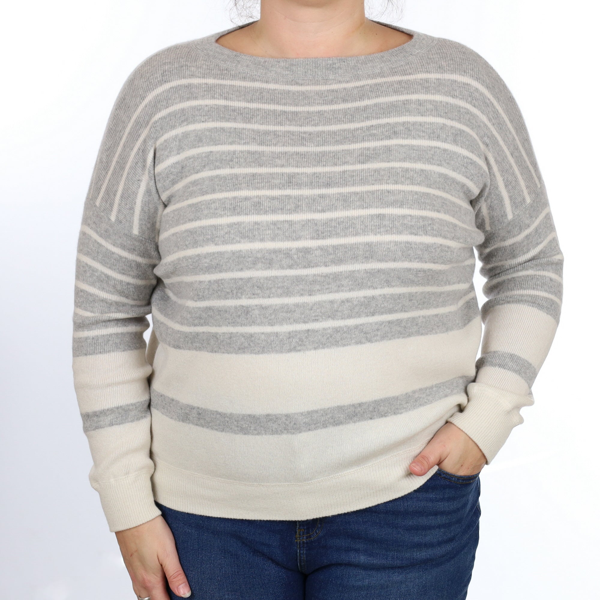 Grey and Ivory striped Cashmere Boat Neck Jumper Large